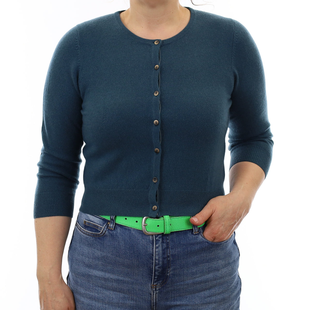 Brand New Petrol Blue Cashmere Cropped Crew Neck Cardigan Medium