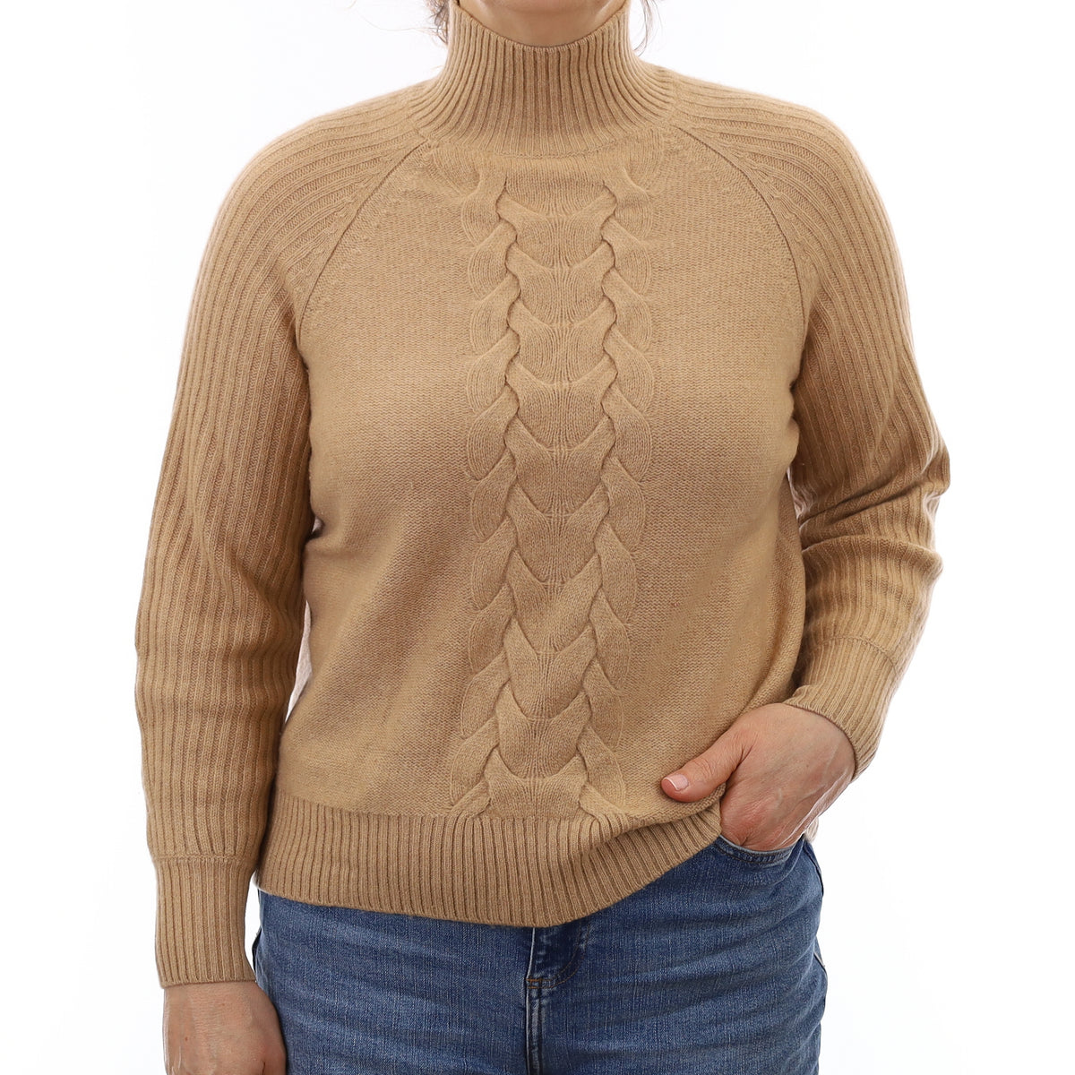 Camel Brown Cable Detail Cashmere Turtleneck Jumper Medium