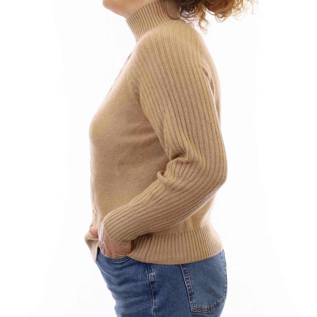 Camel Brown Cable Detail Cashmere Turtleneck Jumper Medium
