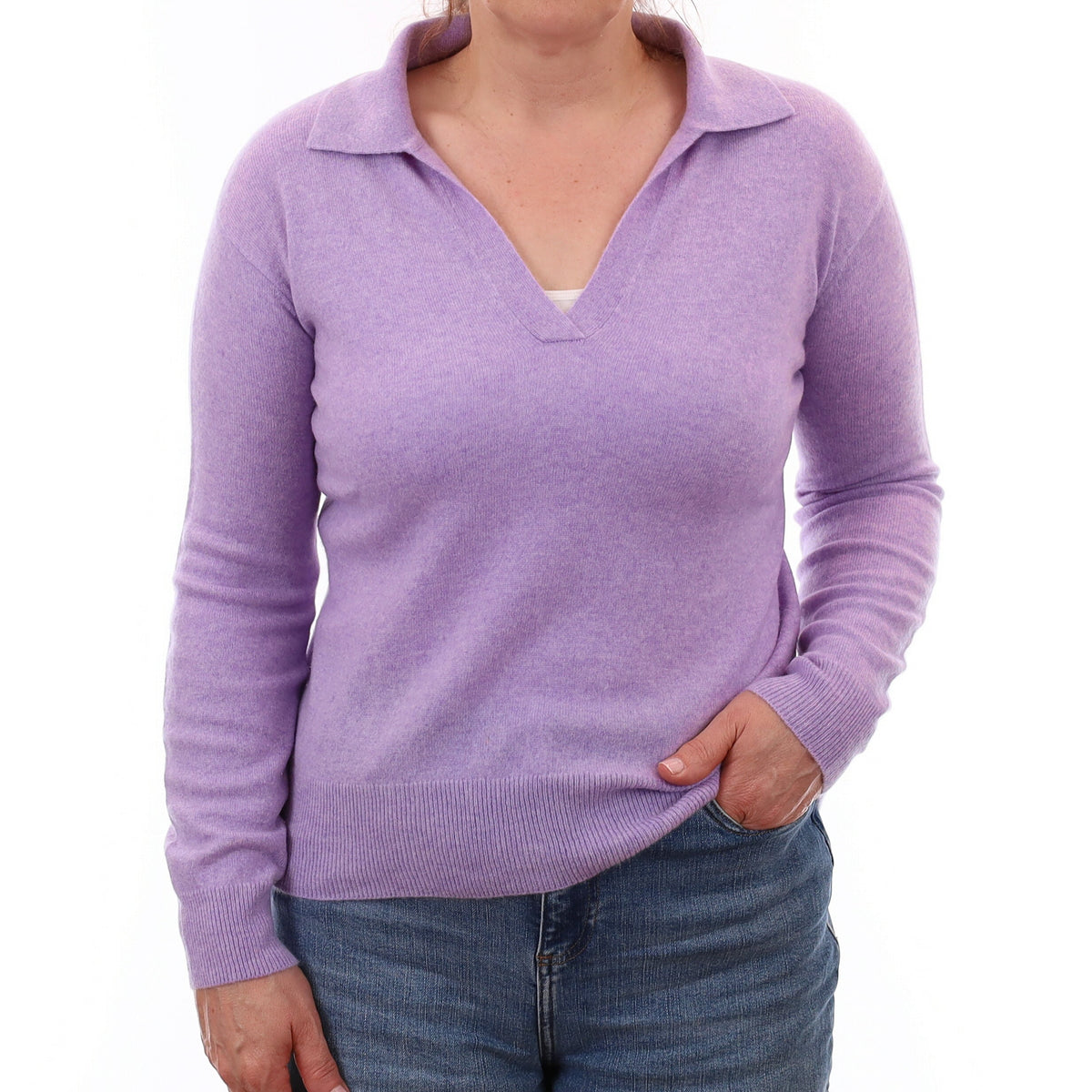Lavender Purple Cashmere Collared V Neck Jumper Medium