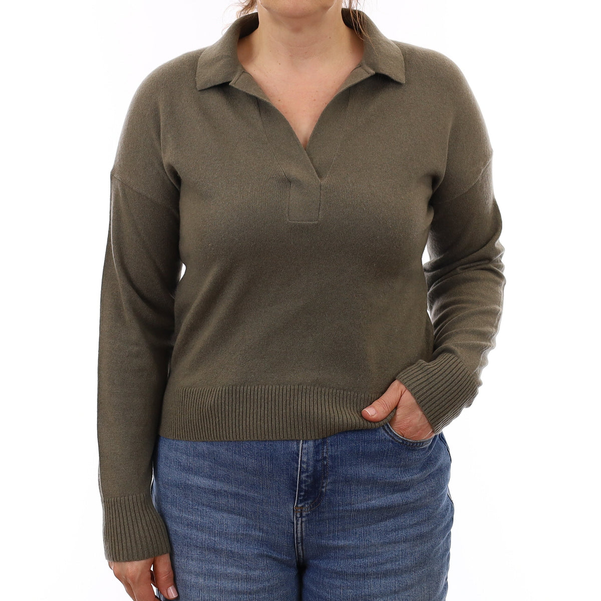 Everlane Olive Green Cashmere Collared V Neck Jumper Medium