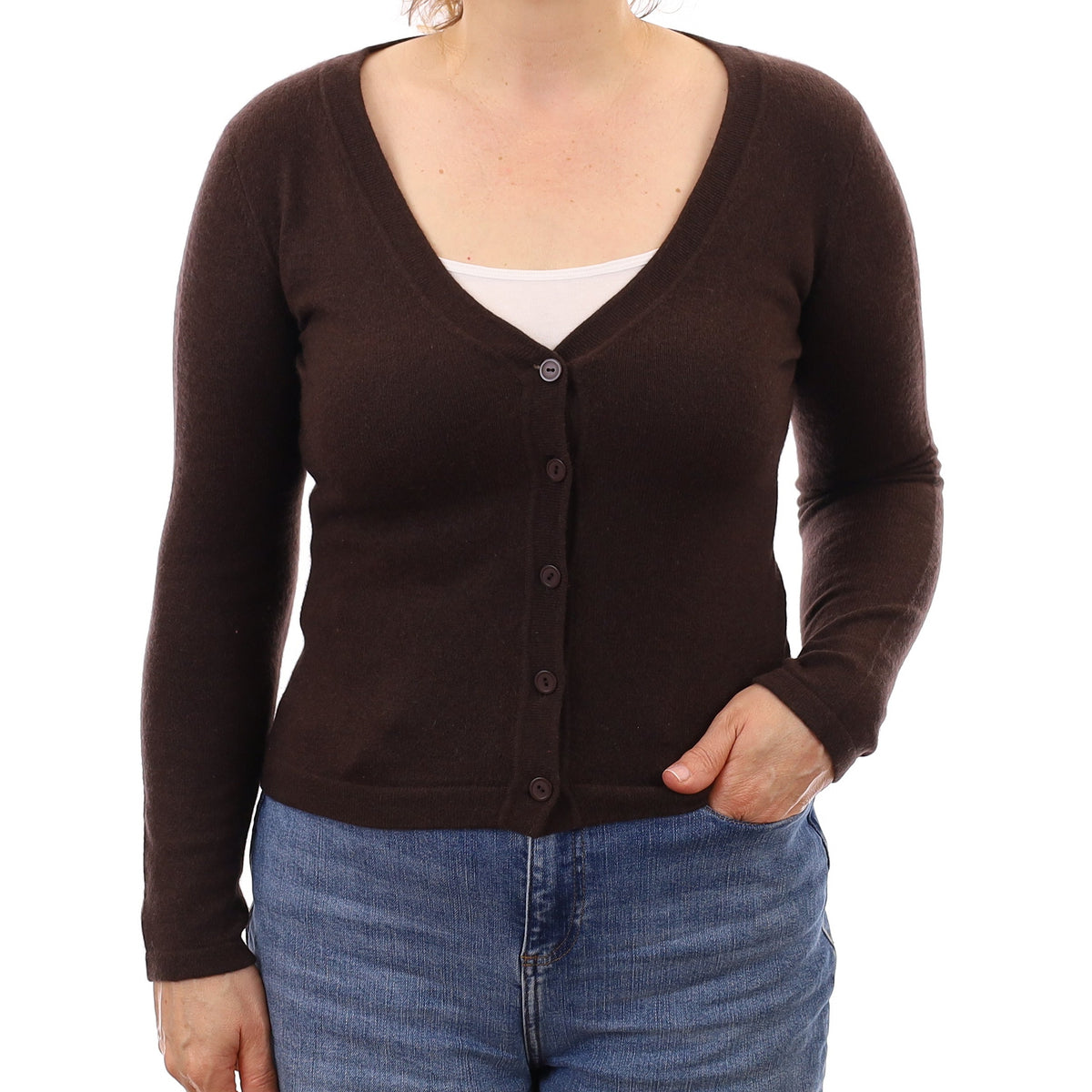 Peppercorn Brown Cashmere V Neck Cardigan Medium