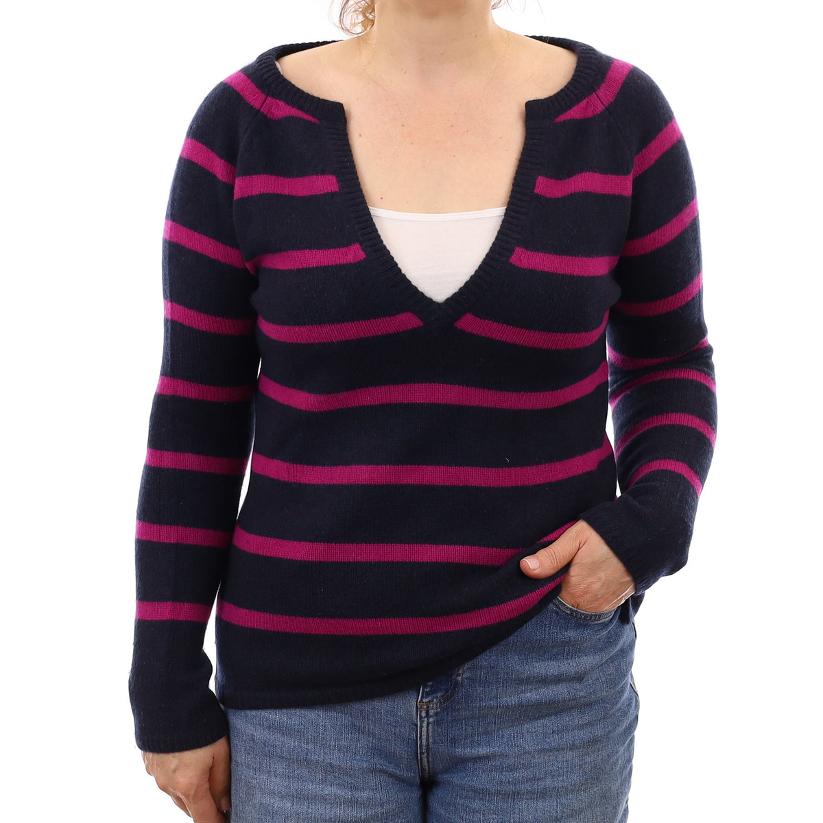 Navy and Magenta Stripe Chunky Cashmere Notch Neck Jumper Medium