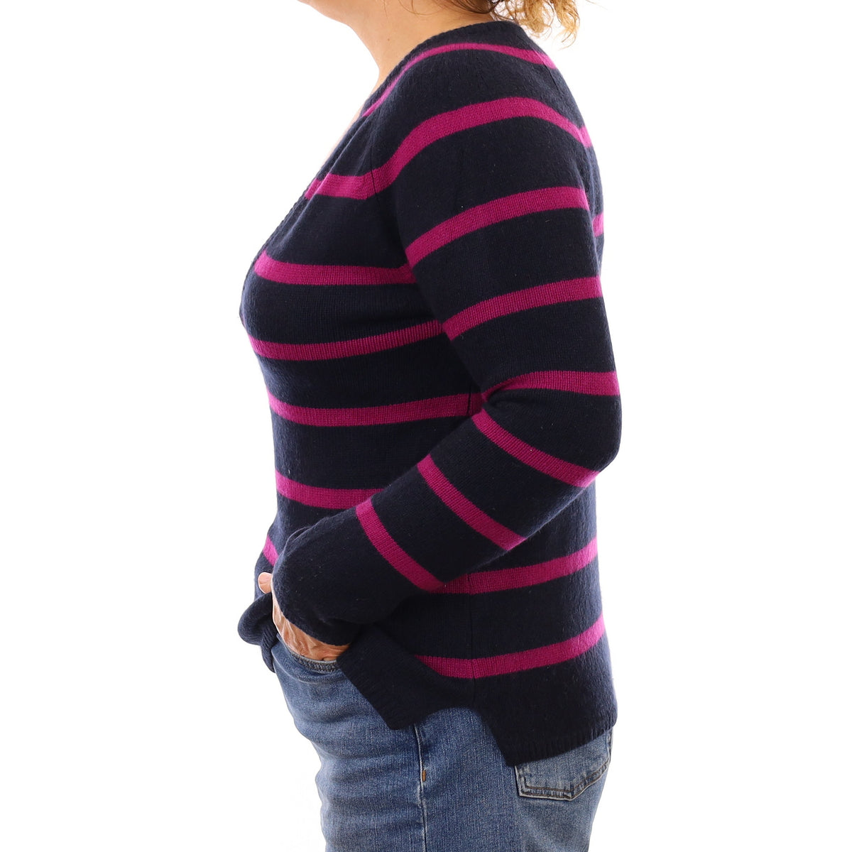 Navy and Magenta Stripe Chunky Cashmere Notch Neck Jumper Medium