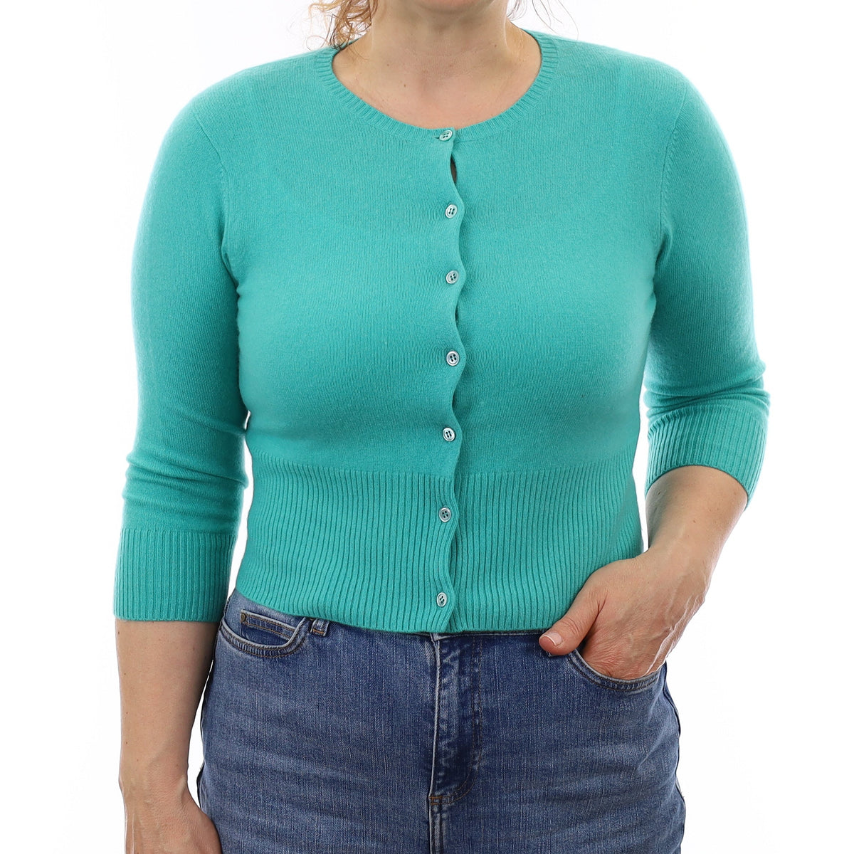 Turquoise Green Cashmere Cropped Crew Neck Cardigan Medium