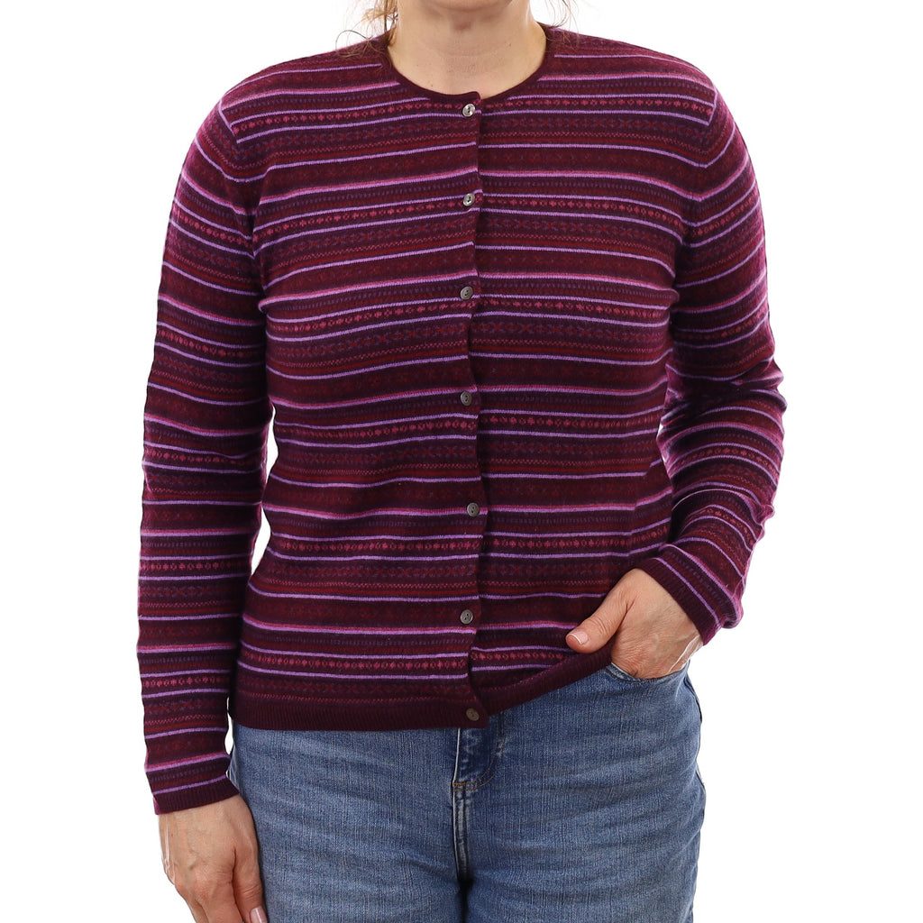 Mulberry Purple Fair Isle Cashmere Crew Neck Cardigan Medium
