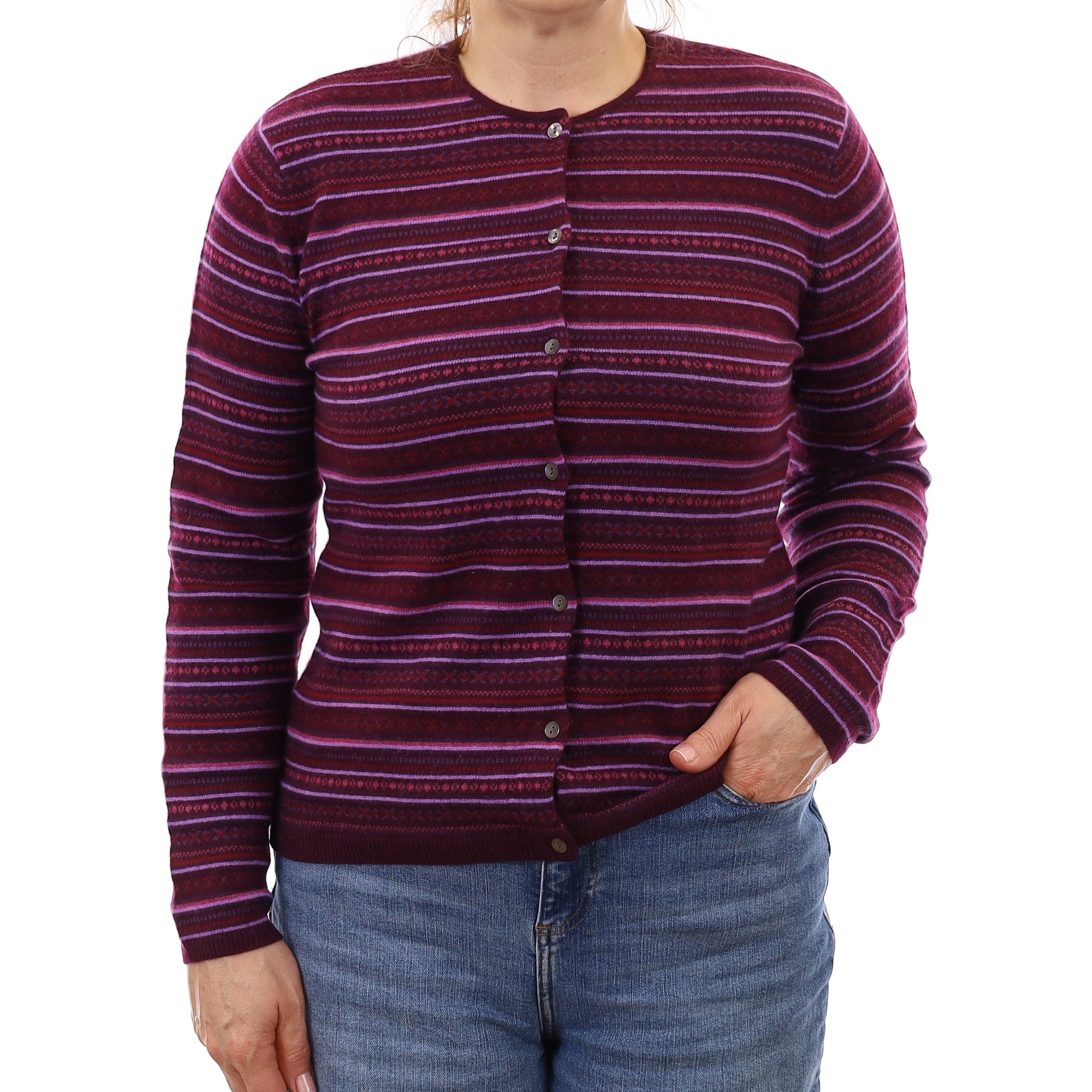 Mulberry Purple Fair Isle Cashmere Crew Neck Cardigan Medium