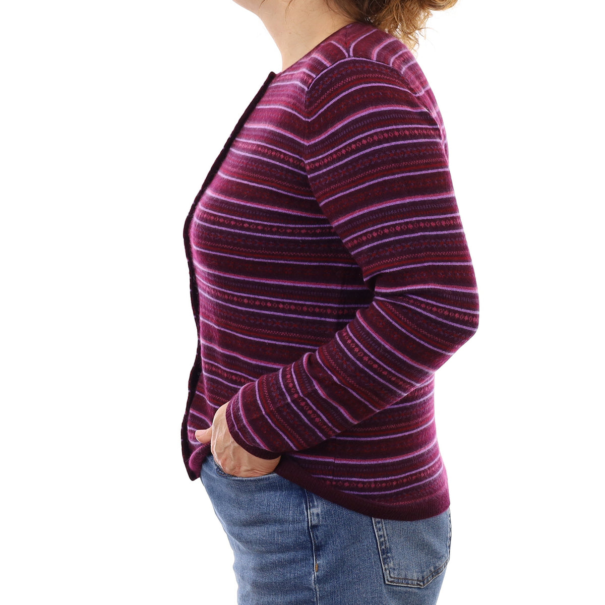 Mulberry Purple Fair Isle Cashmere Crew Neck Cardigan Medium