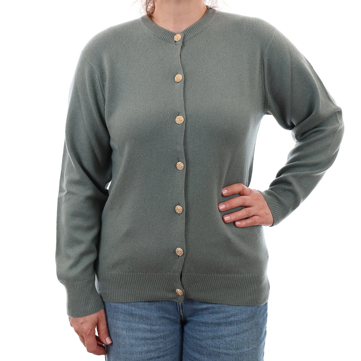 Vintage Scottish Dusky Green Cashmere Crew Neck Cardigan Medium