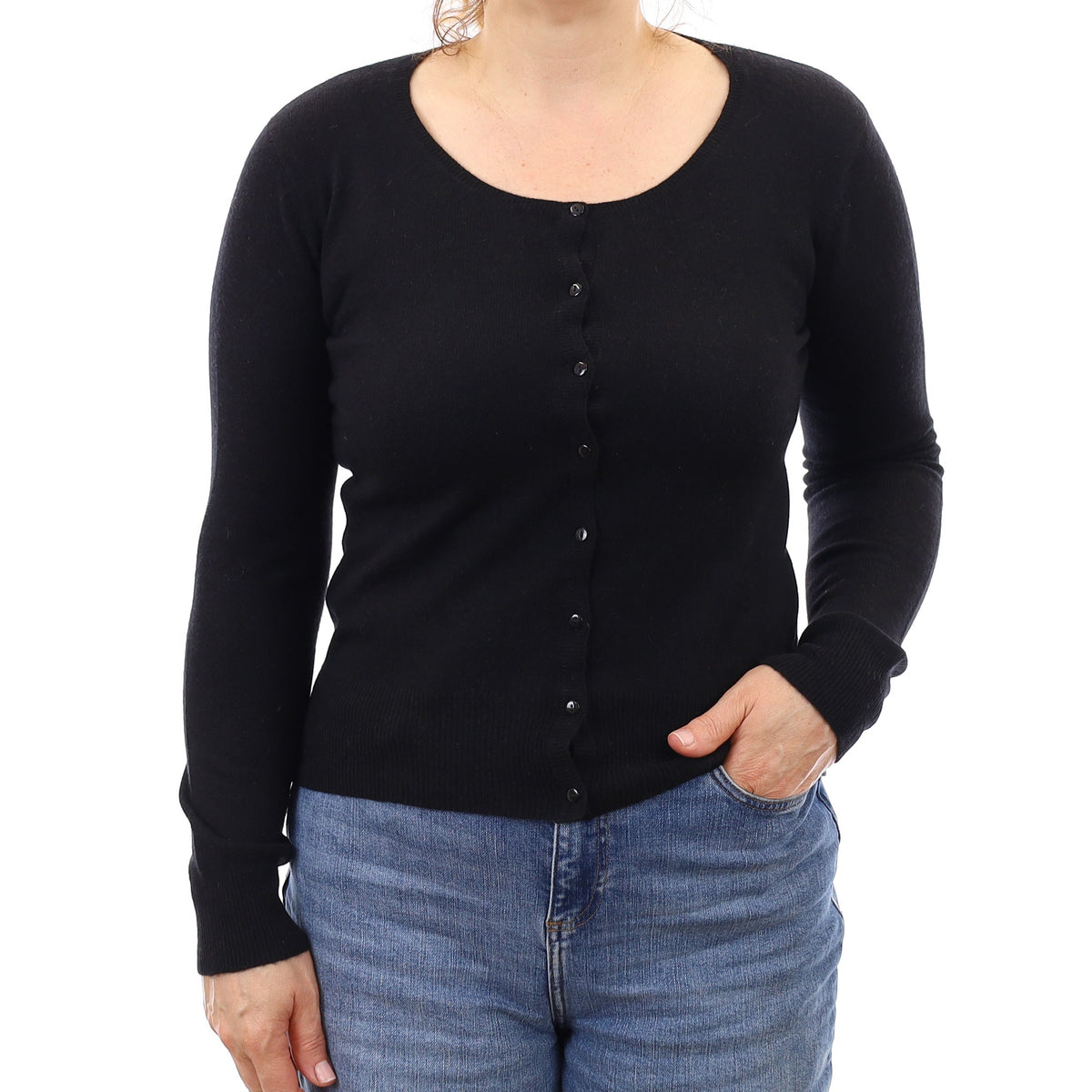 Black Cashmere Crew Neck Cardigan Medium