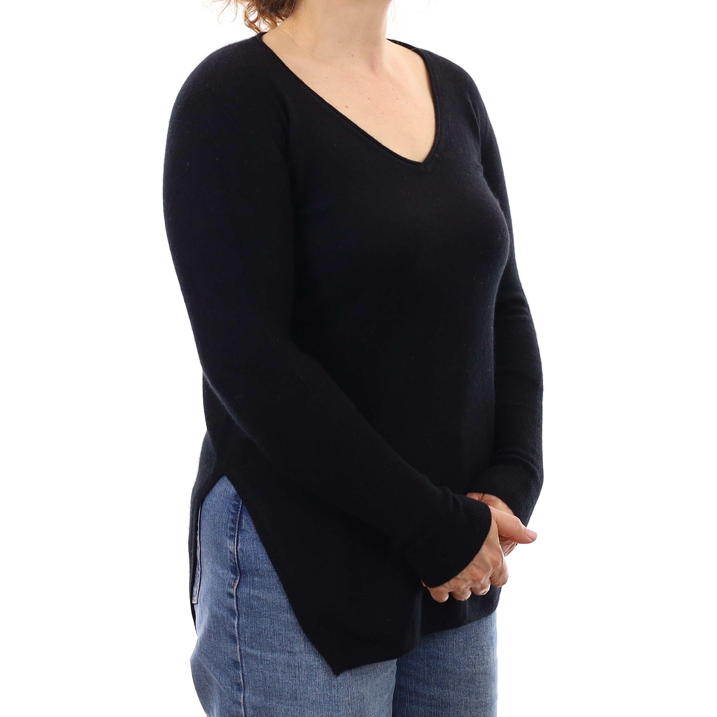 Black Cashmere Side Slit V Neck Jumper Medium