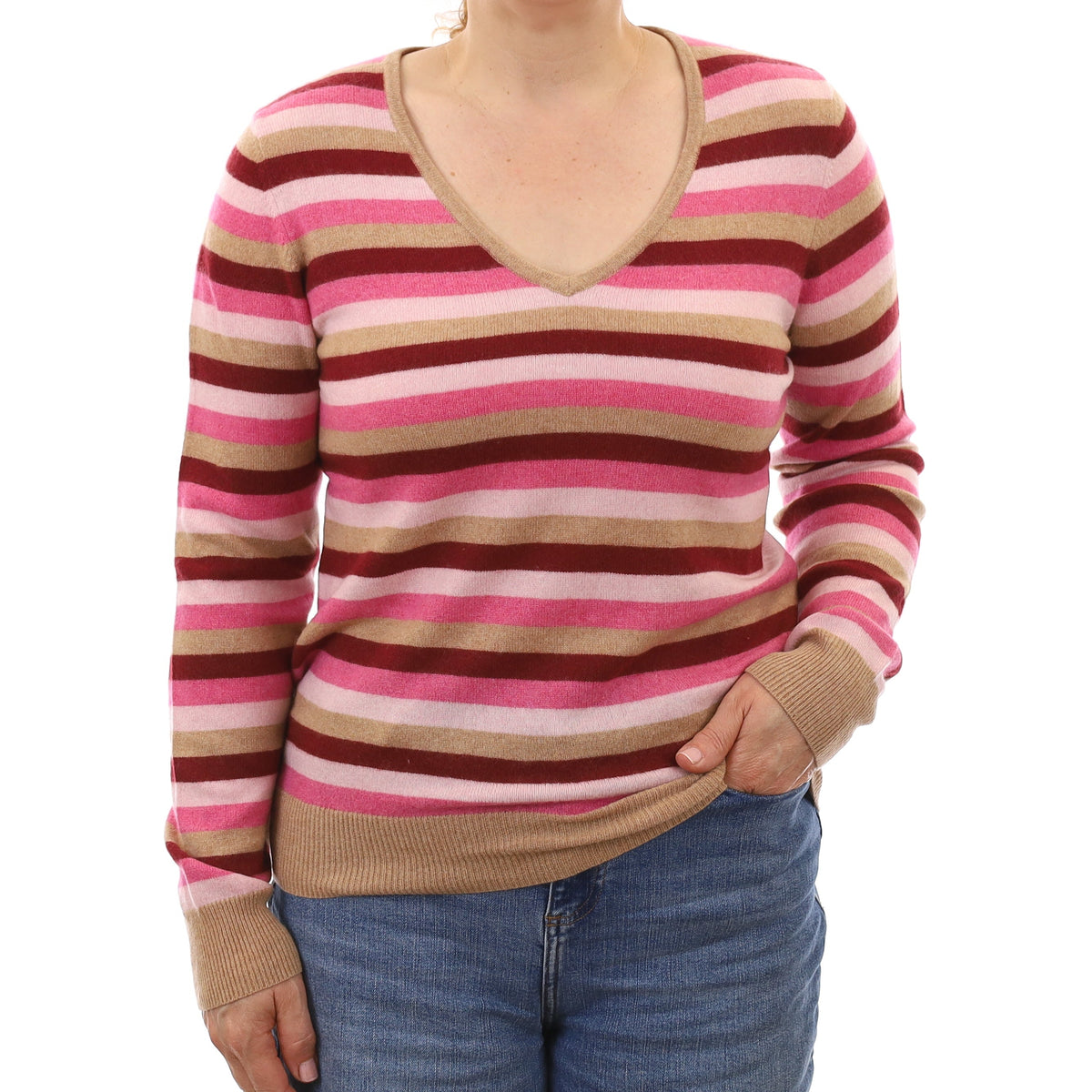 Caramel and Pink Stripe Cashmere V Neck Jumper Medium