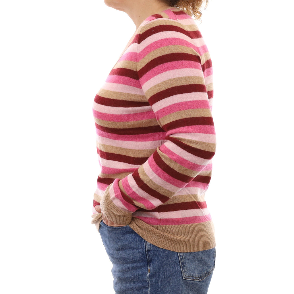 Caramel and Pink Stripe Cashmere V Neck Jumper Medium