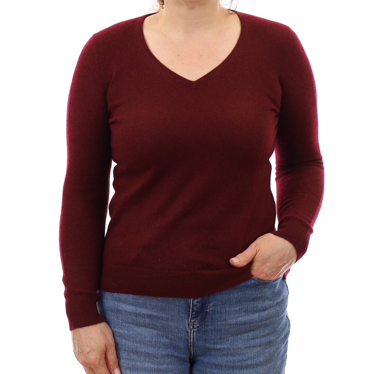 Wine Red Lightweight Cashmere V Neck Jumper Medium