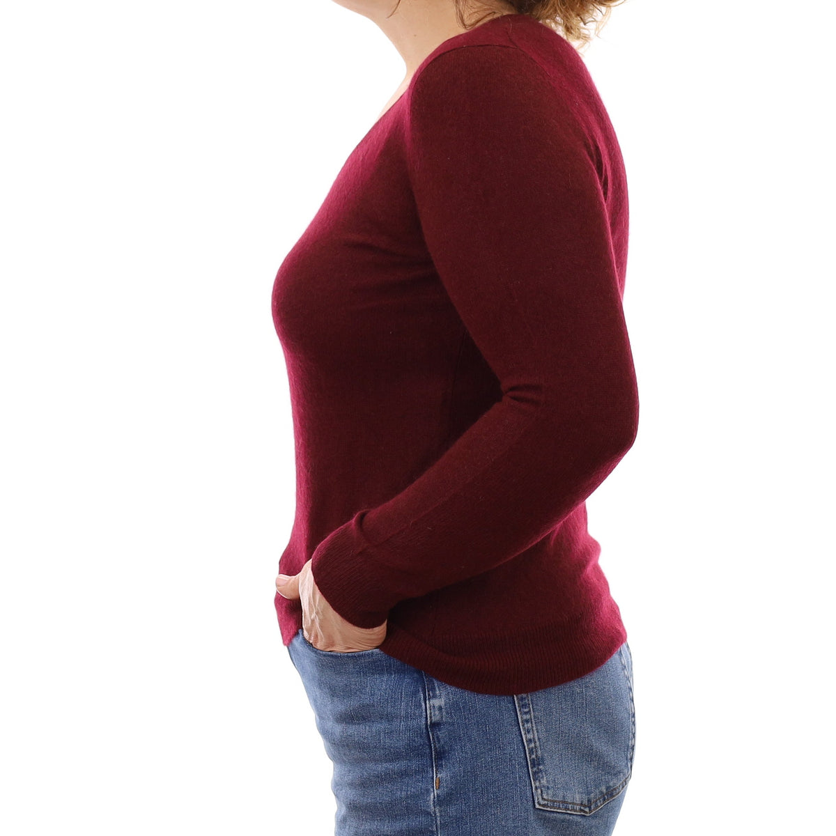 Wine Red Lightweight Cashmere V Neck Jumper Medium