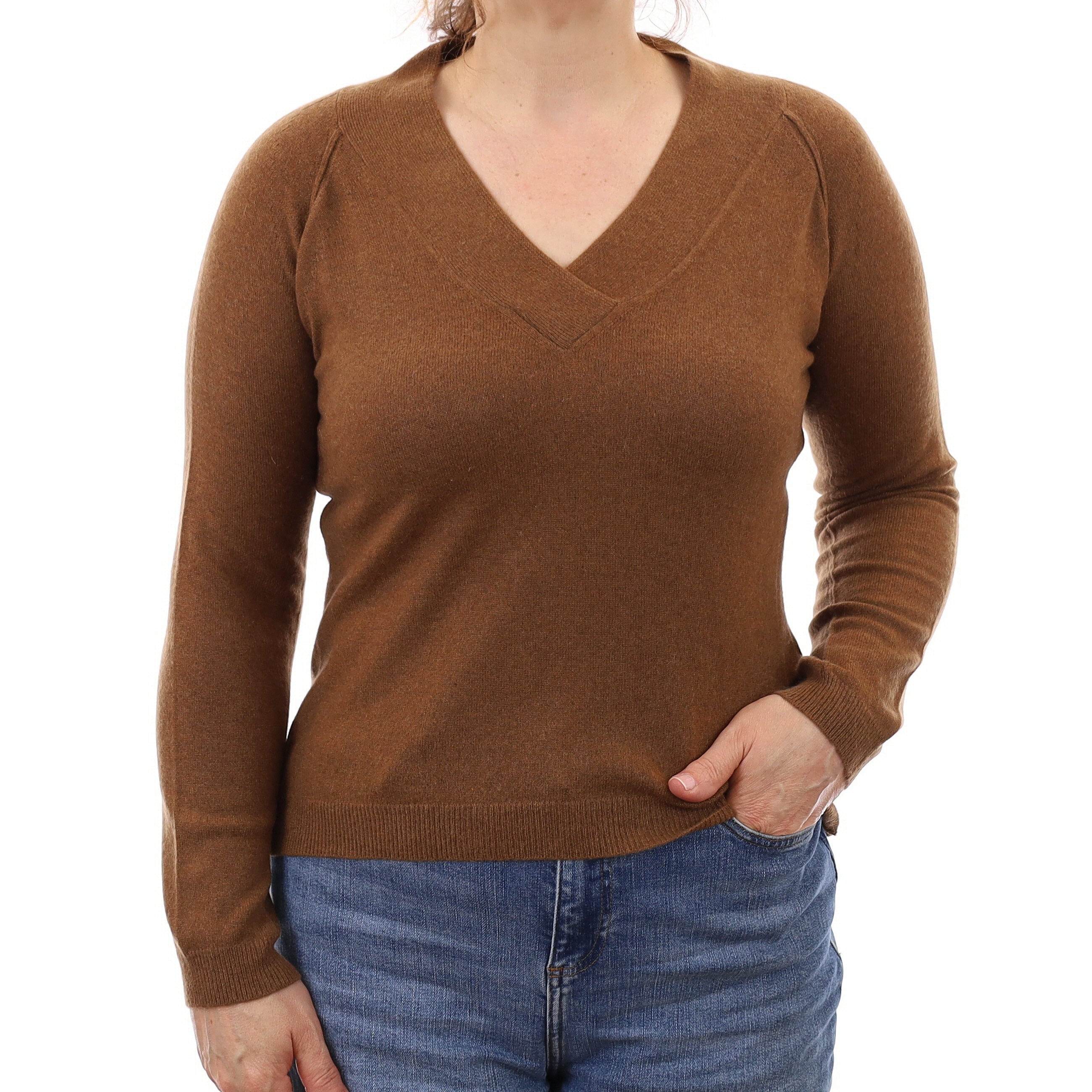 Nutmeg Brown Cashmere V Neck Jumper Medium