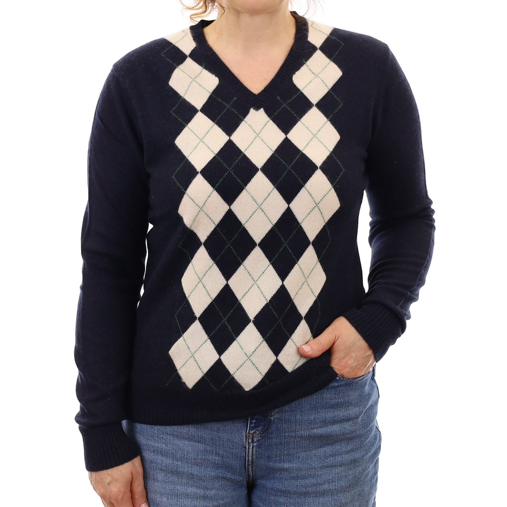 Navy and Ivory Argyle Cashmere V Neck Jumper Medium