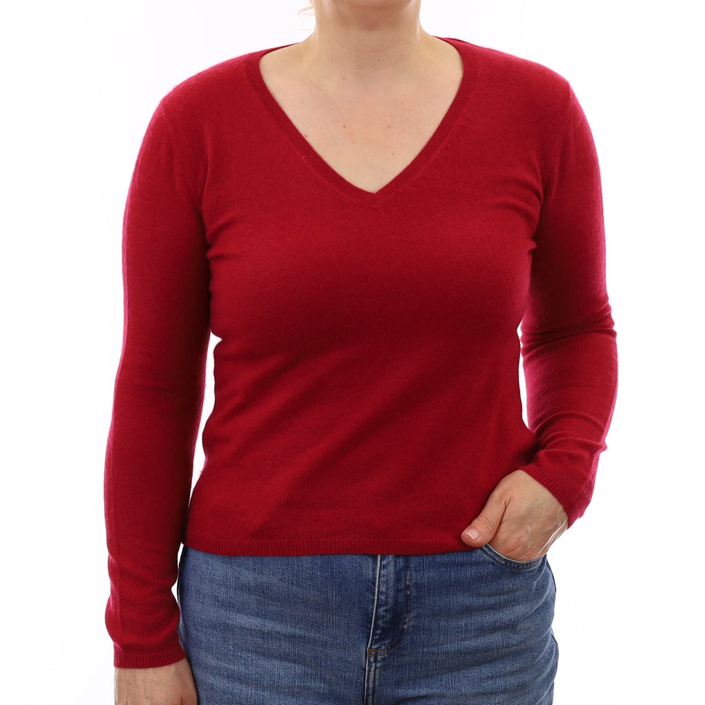 Cherry Red Cashmere V Neck Jumper Medium