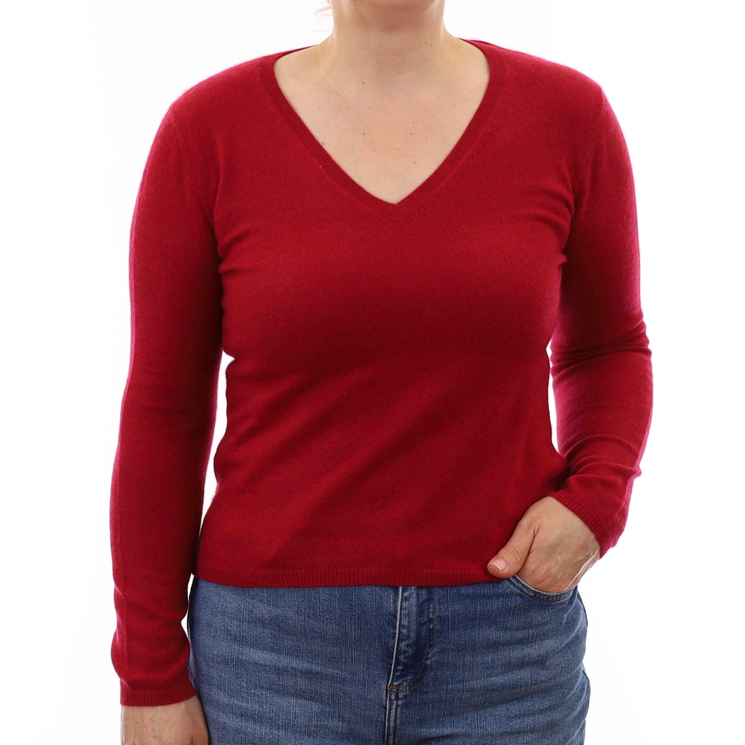 Cherry Red Cashmere V Neck Jumper Medium
