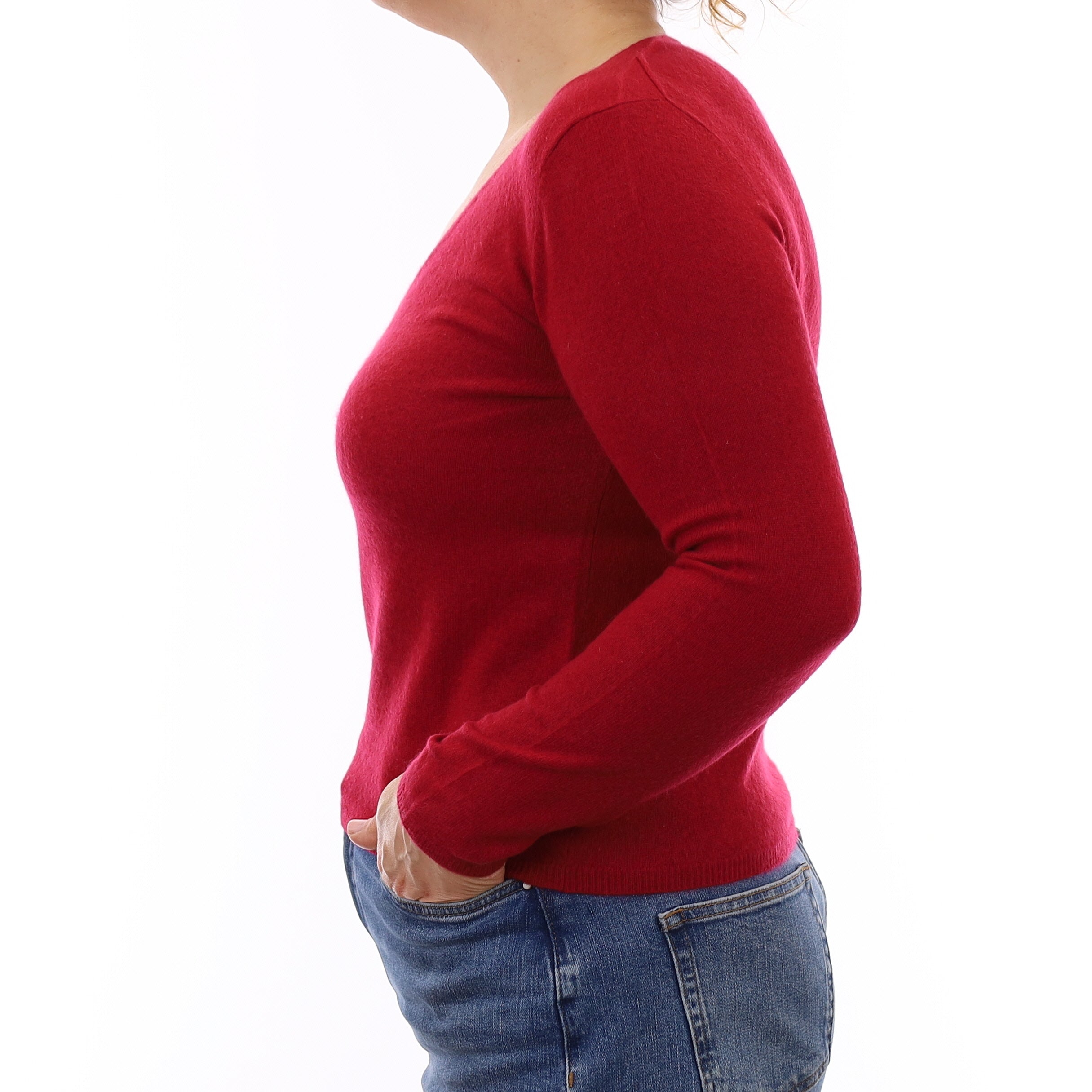 Cherry Red Cashmere V Neck Jumper Medium