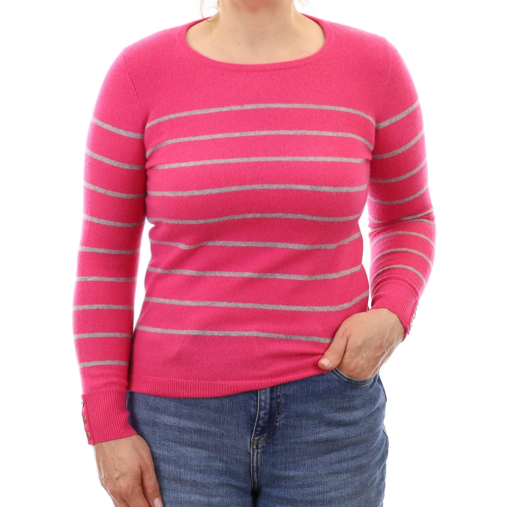 Hot Pink and Grey Stripe Cashmere Crew Neck Jumper Medium