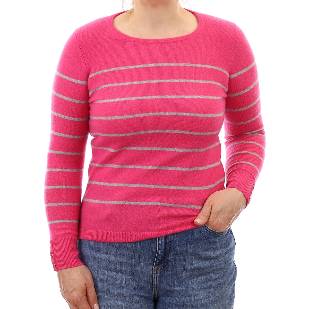 Hot Pink and Grey Stripe Cashmere Crew Neck Jumper Medium