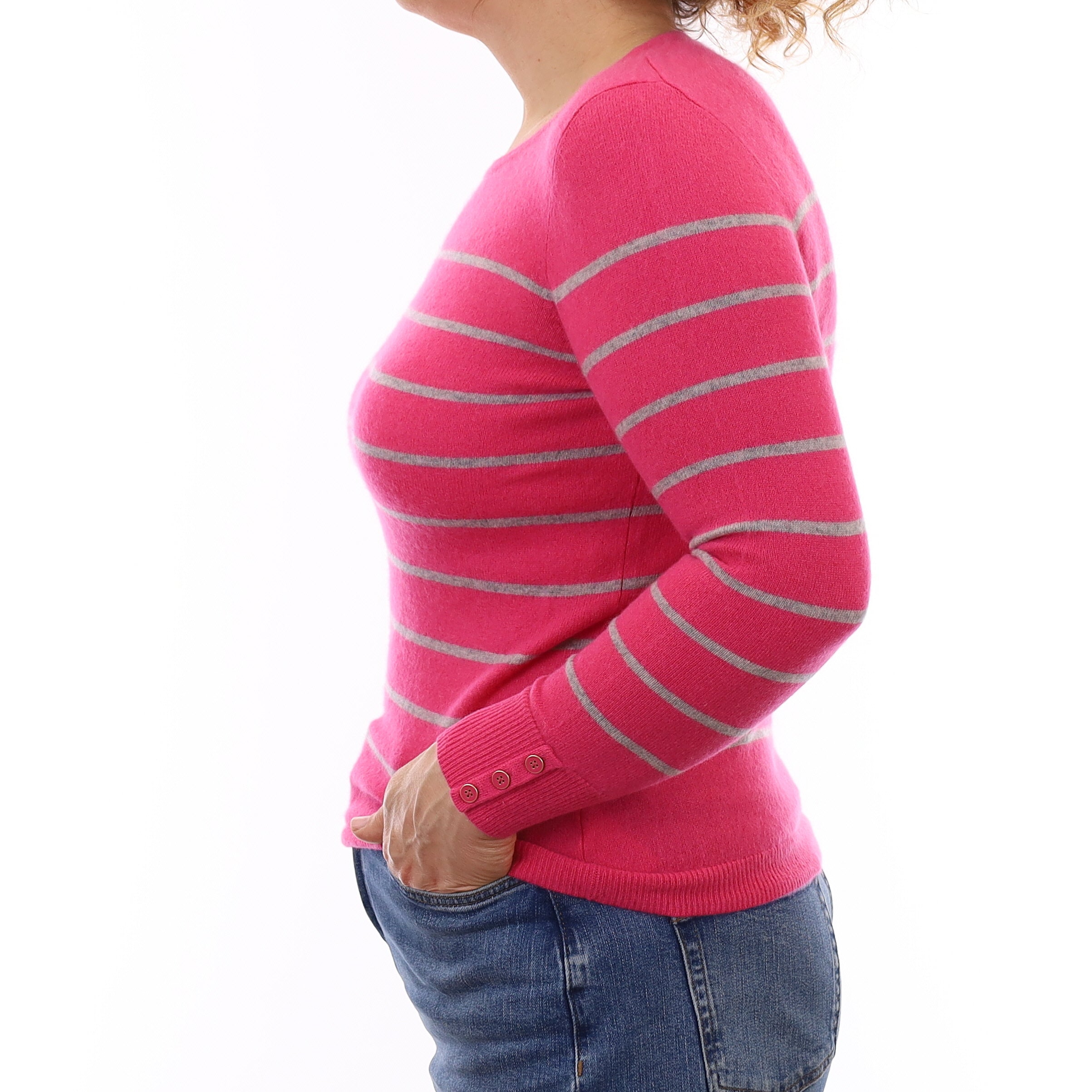 Hot Pink and Grey Stripe Cashmere Crew Neck Jumper Medium