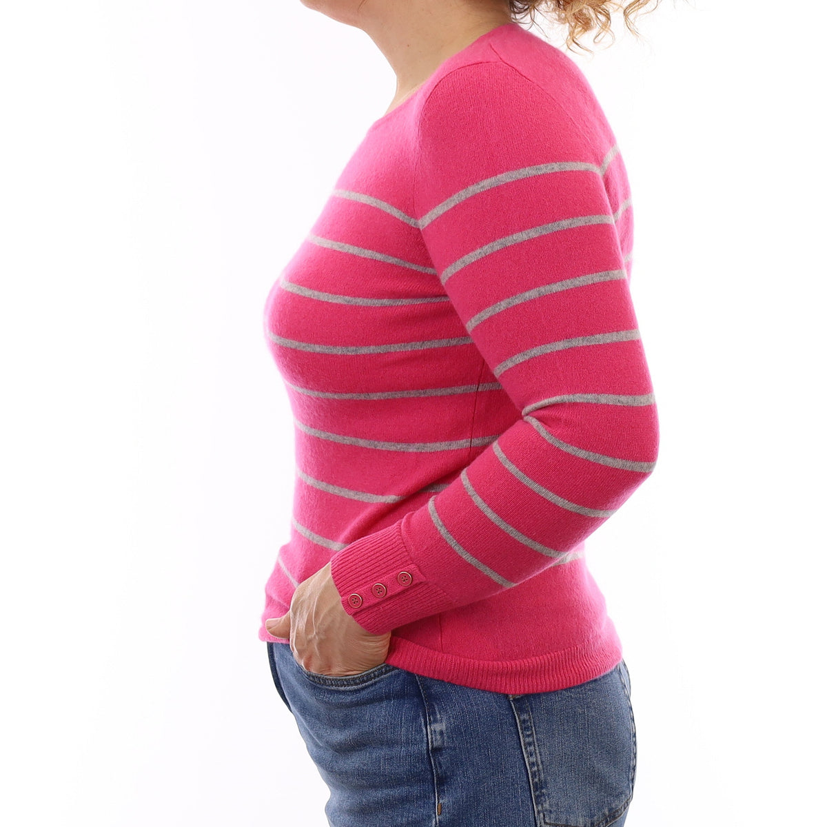 Hot Pink and Grey Stripe Cashmere Crew Neck Jumper Medium