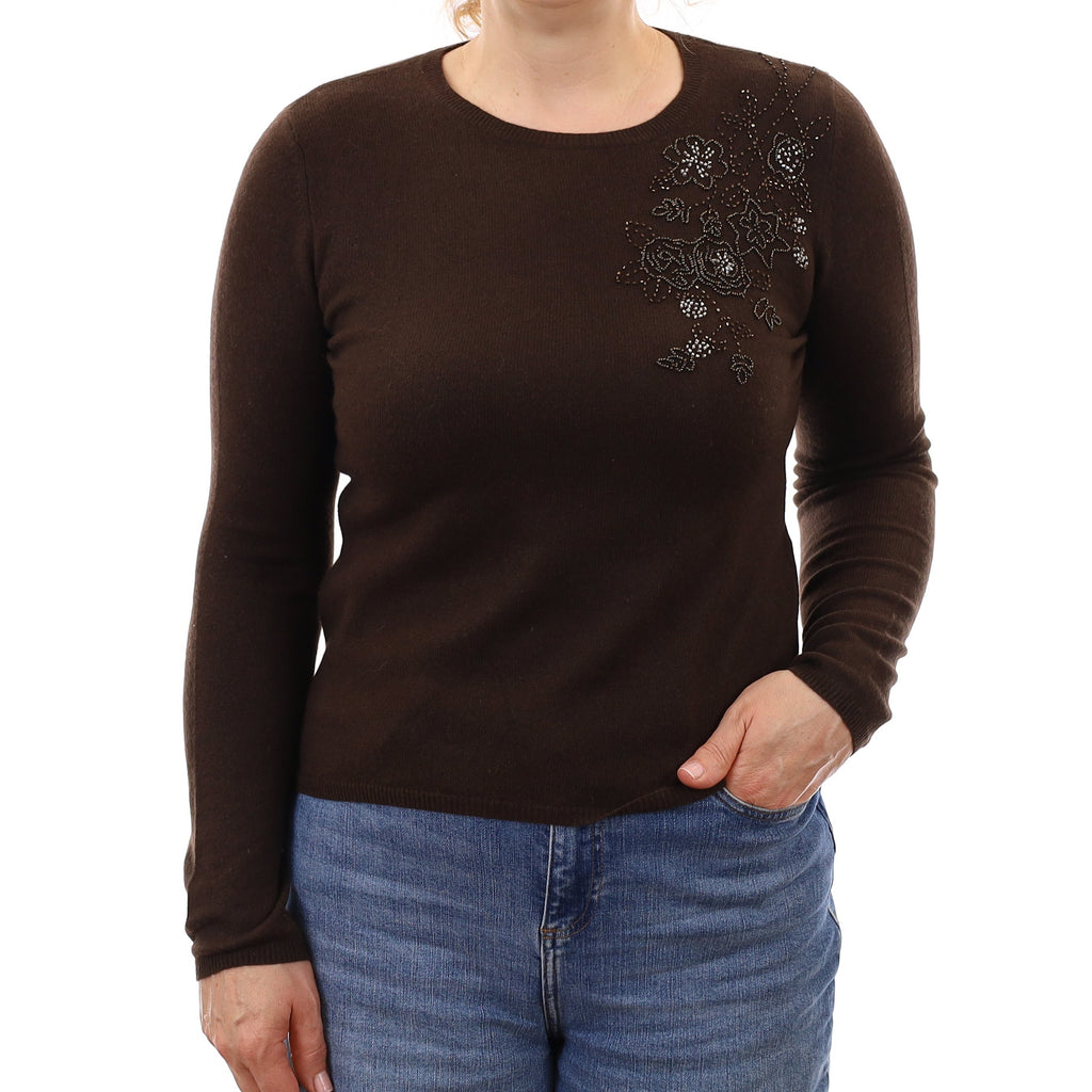 Chocolate Brown Embellished Cashmere Crew Neck Jumper Medium