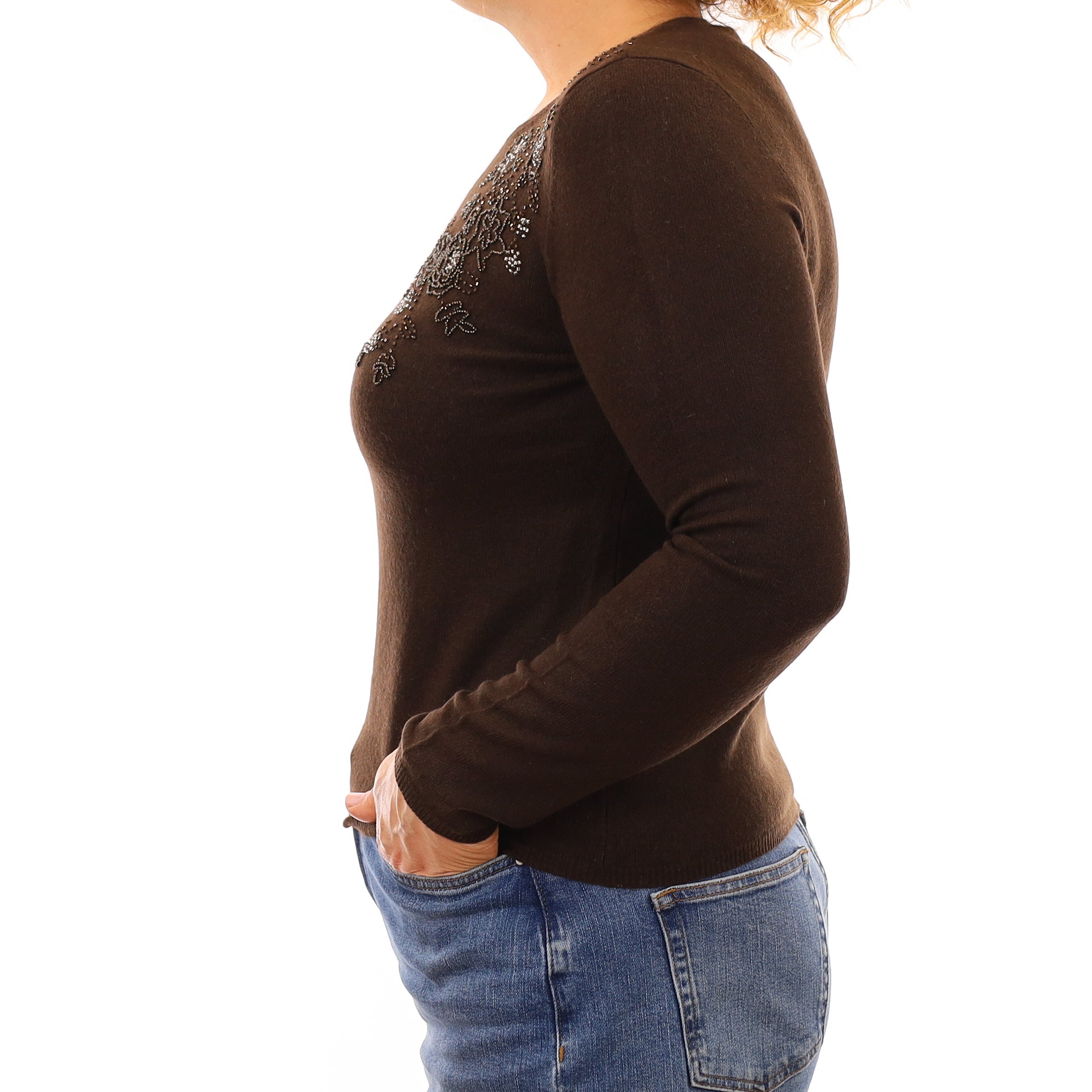 Chocolate Brown Embellished Cashmere Crew Neck Jumper Medium