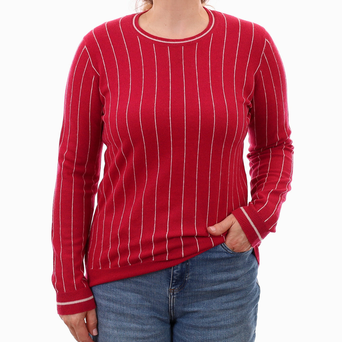 Brora Red Pinstripe Cashmere Crew Neck Jumper Medium