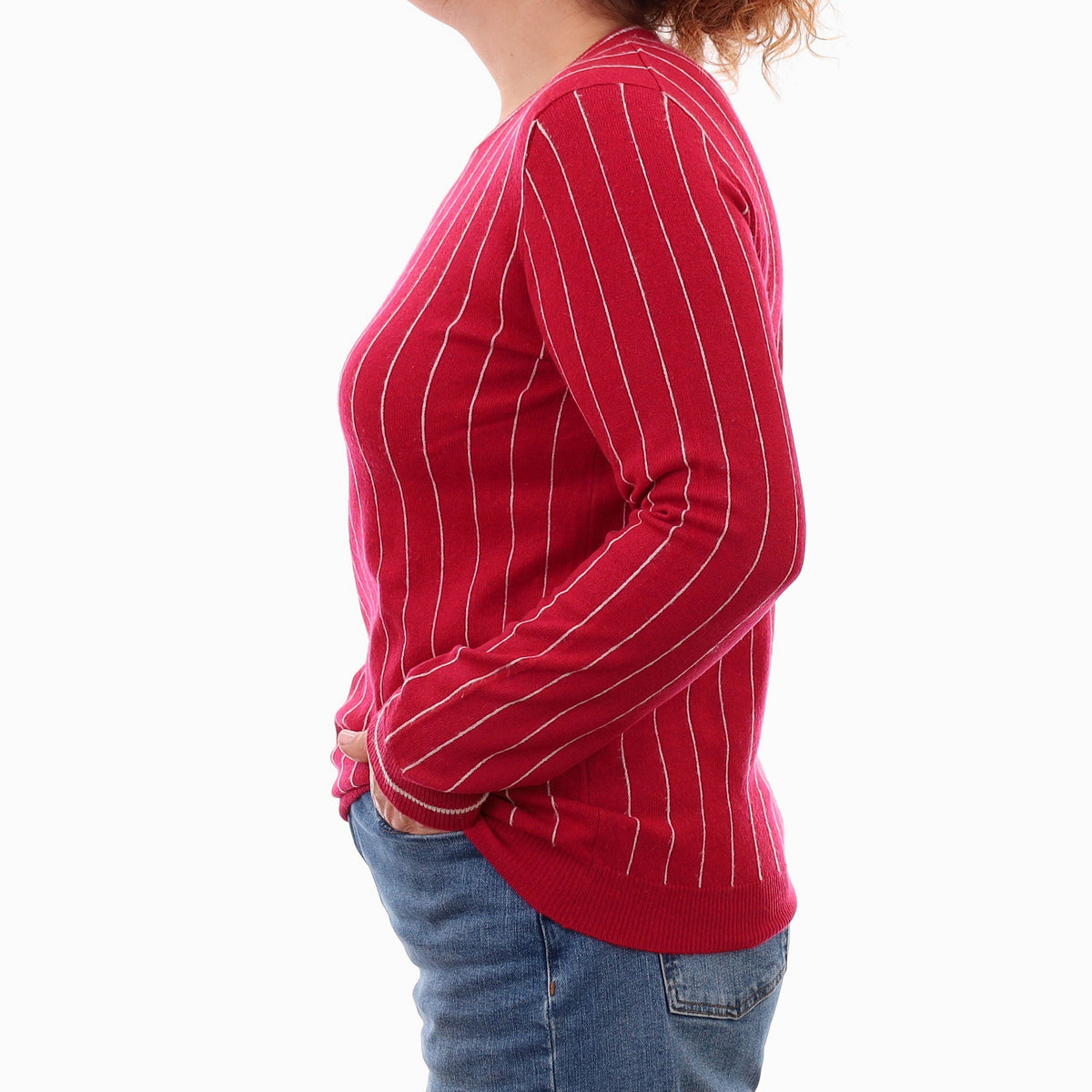 Brora Red Pinstripe Cashmere Crew Neck Jumper Medium
