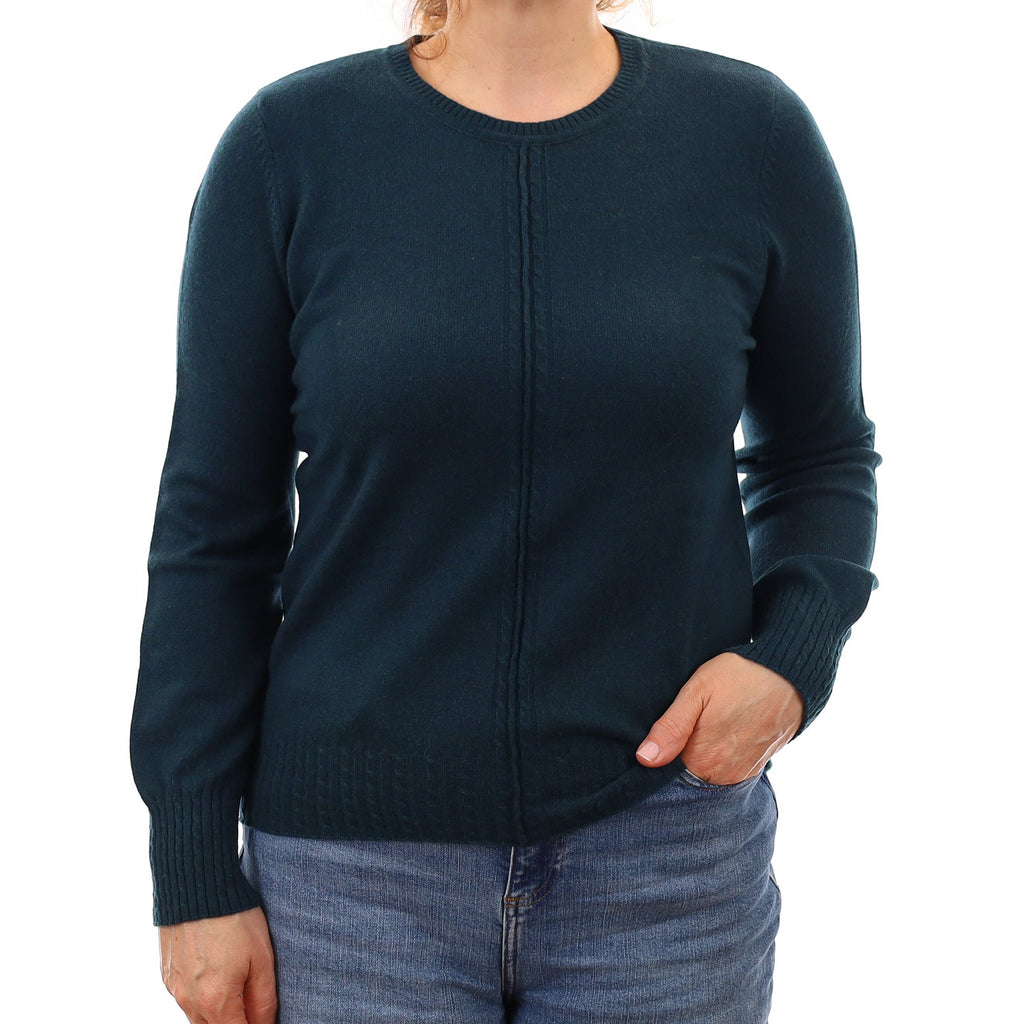 Teal Green Cable Detail Cashmere Crew Neck Jumper Medium