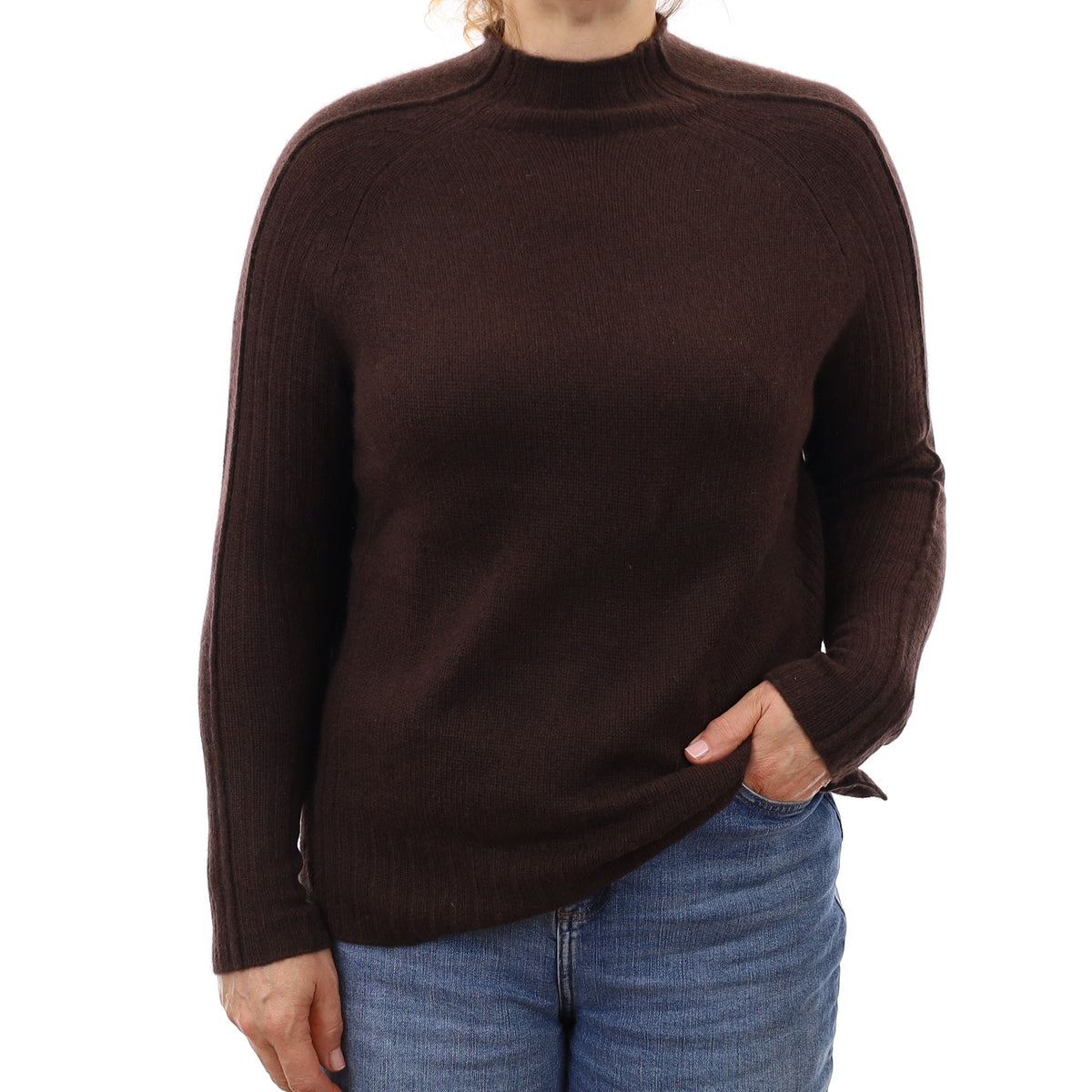 Chocolate Brown Rib Cashmere Turtleneck Jumper Medium