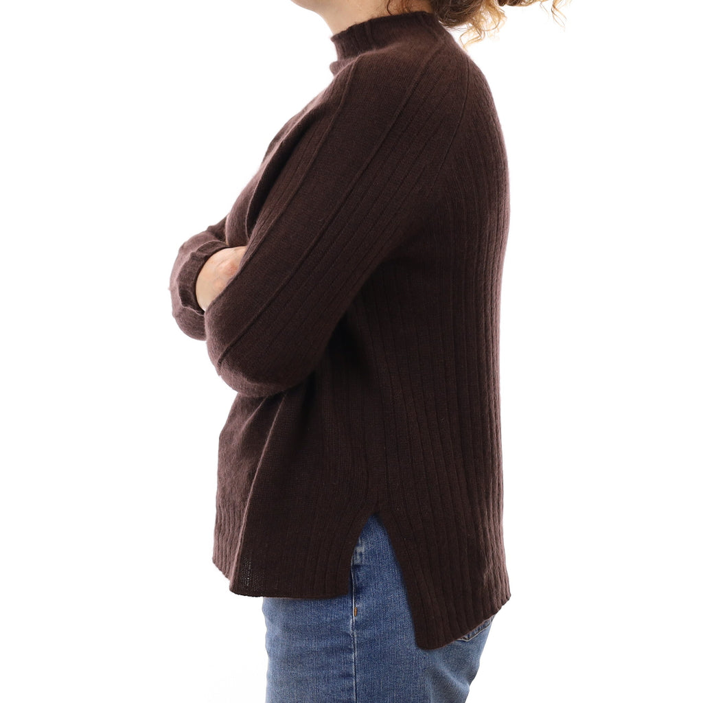 Chocolate Brown Rib Cashmere Turtleneck Jumper Medium