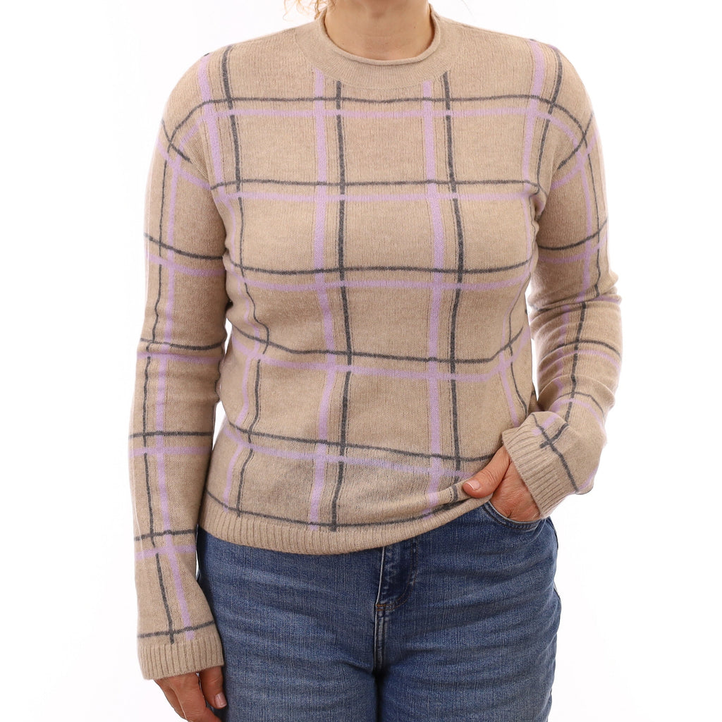 Fawn and Lavender Checked Cashmere Turtleneck Jumper Medium