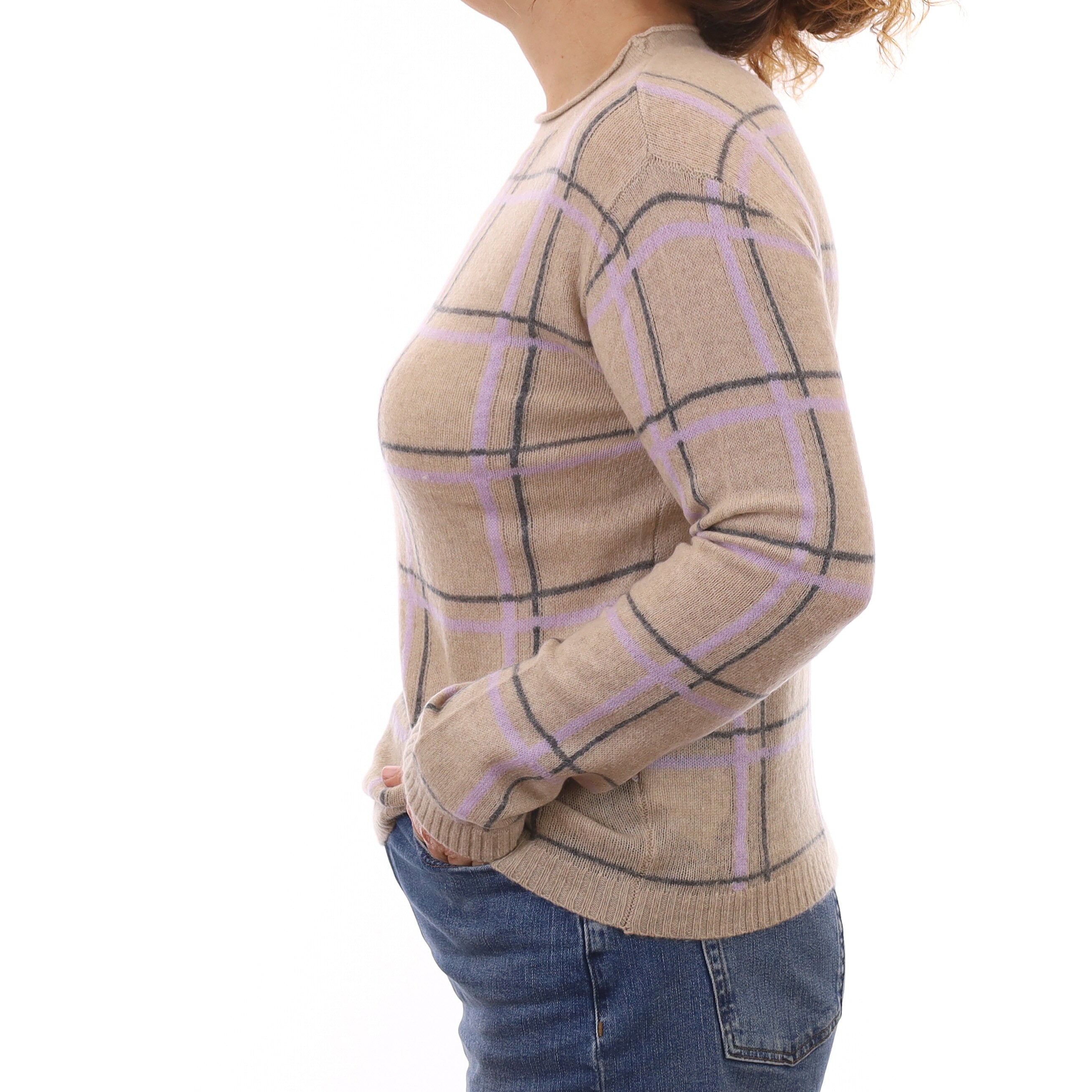 Fawn and Lavender Checked Cashmere Turtleneck Jumper Medium