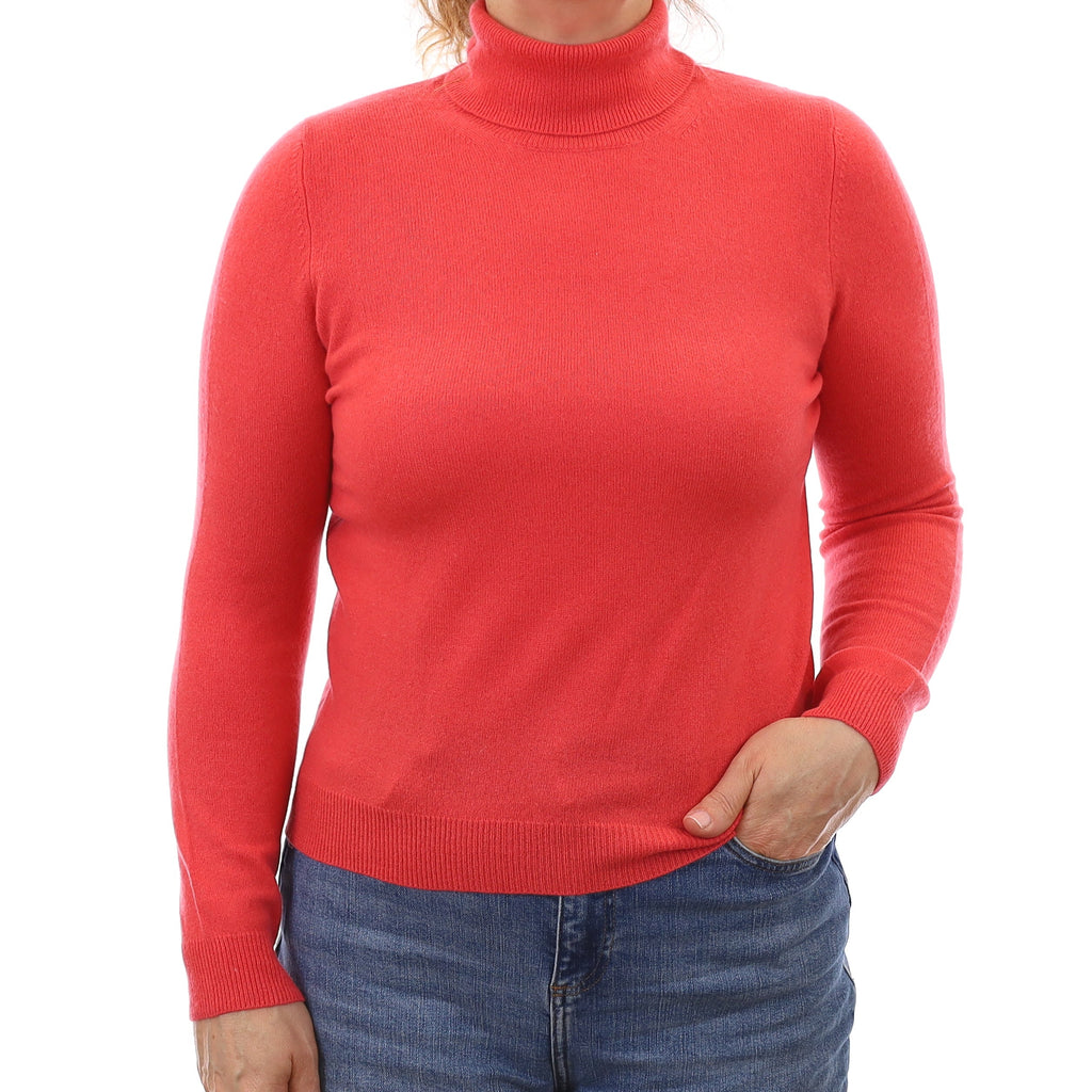 Bright Watermelon Pink Cashmere Polo Neck Jumper Medium