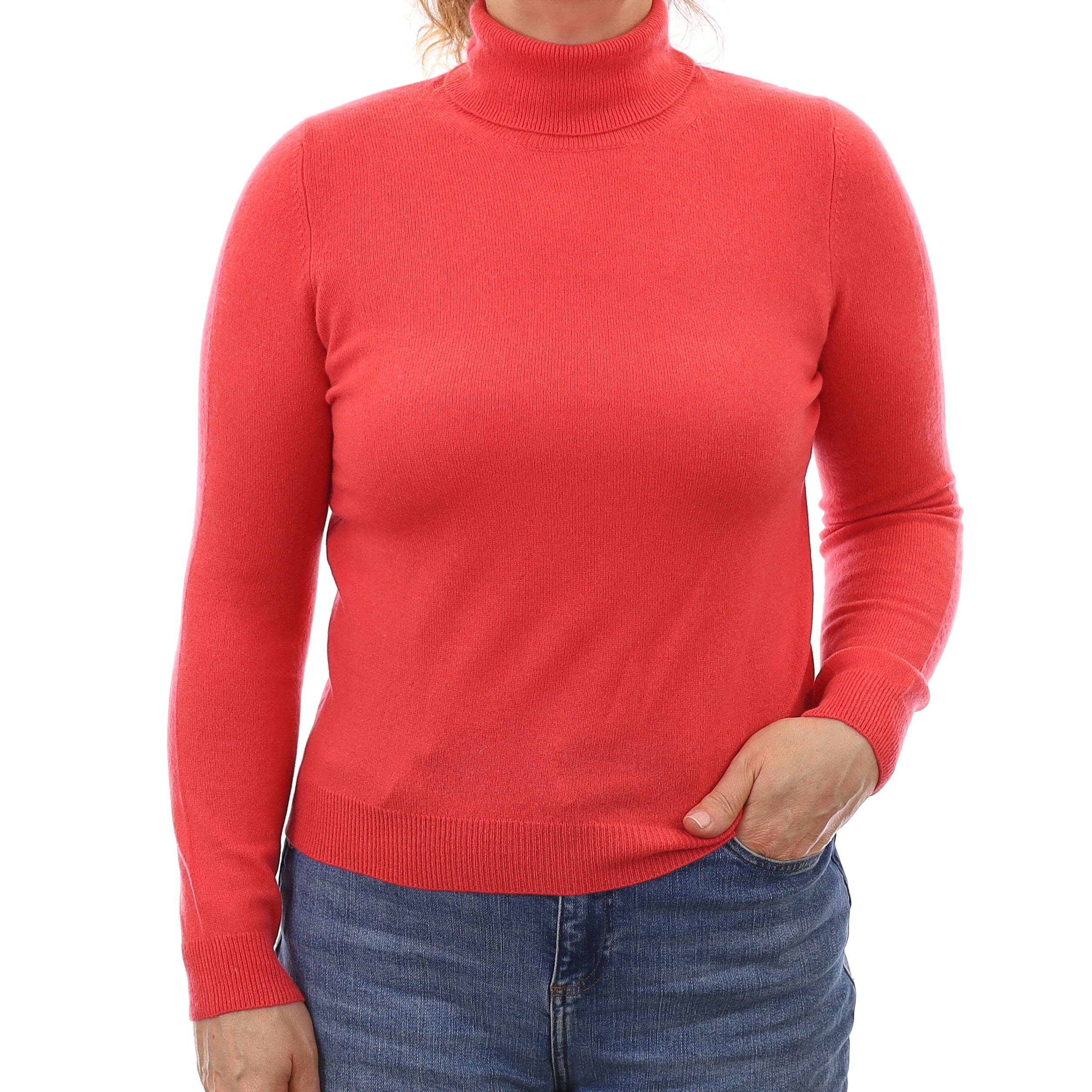 Bright Watermelon Pink Cashmere Polo Neck Jumper Medium