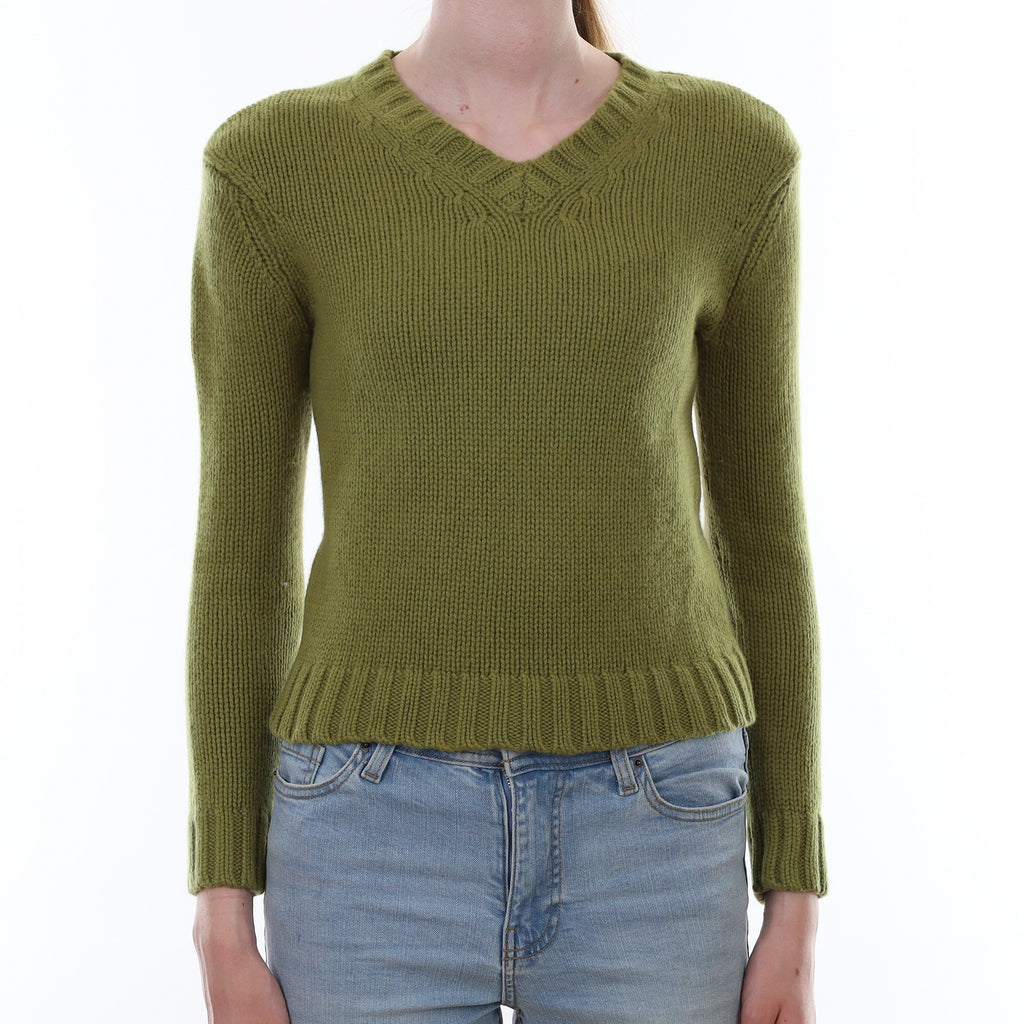 Theory Pear Green Chunky Cashmere V Neck Jumper Extra Small