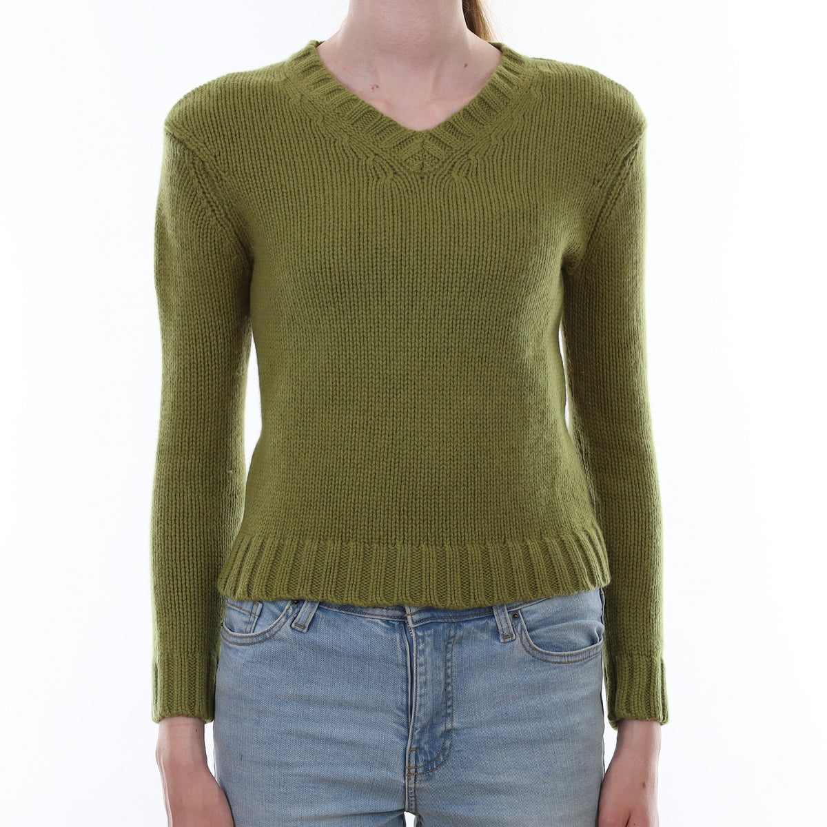 Theory Pear Green Chunky Cashmere V Neck Jumper Extra Small