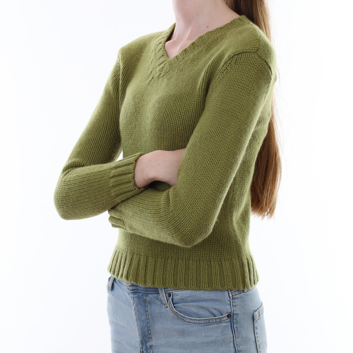 Theory Pear Green Chunky Cashmere V Neck Jumper Extra Small