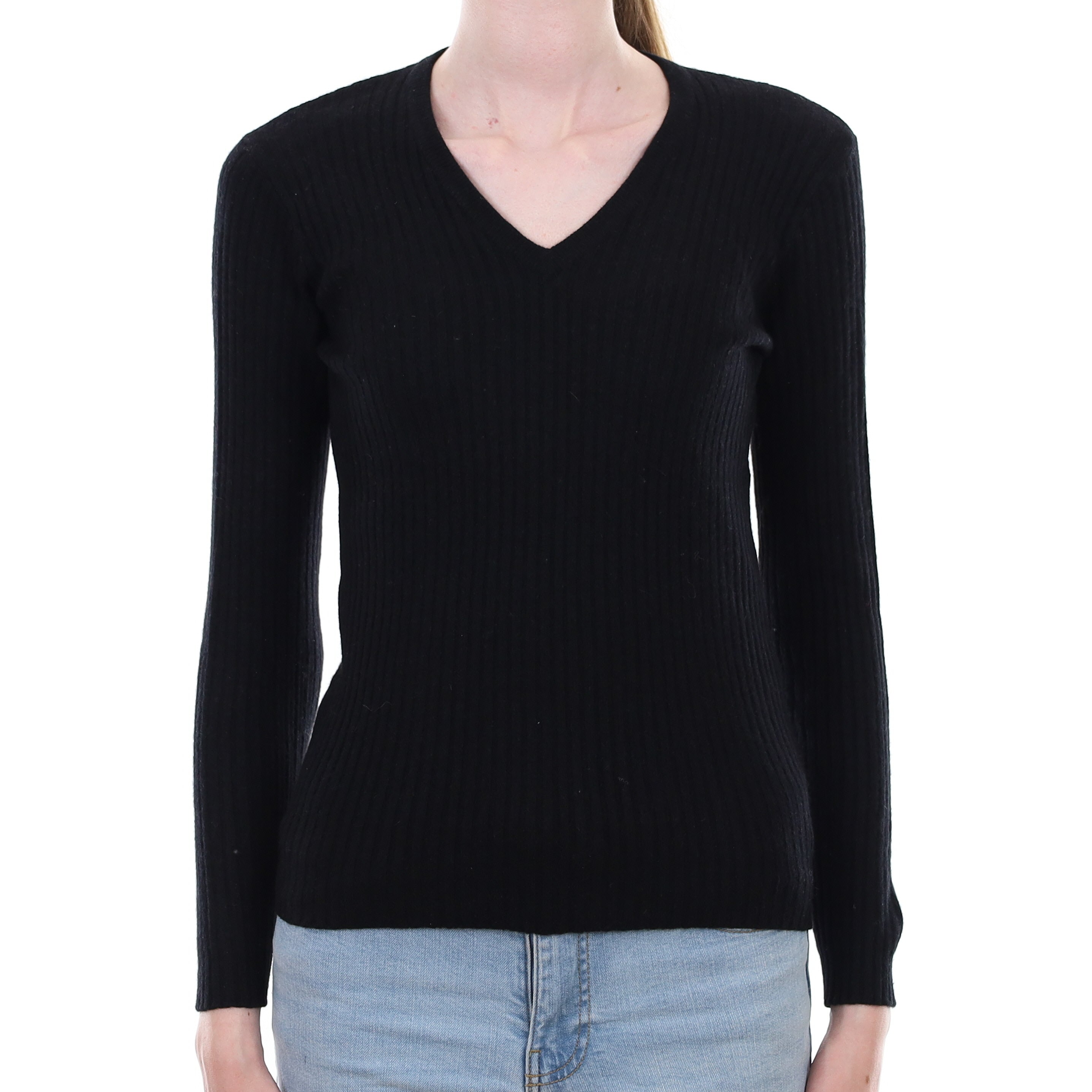 Vintage Pringle Black Rib Cashmere V Neck Jumper Extra Small