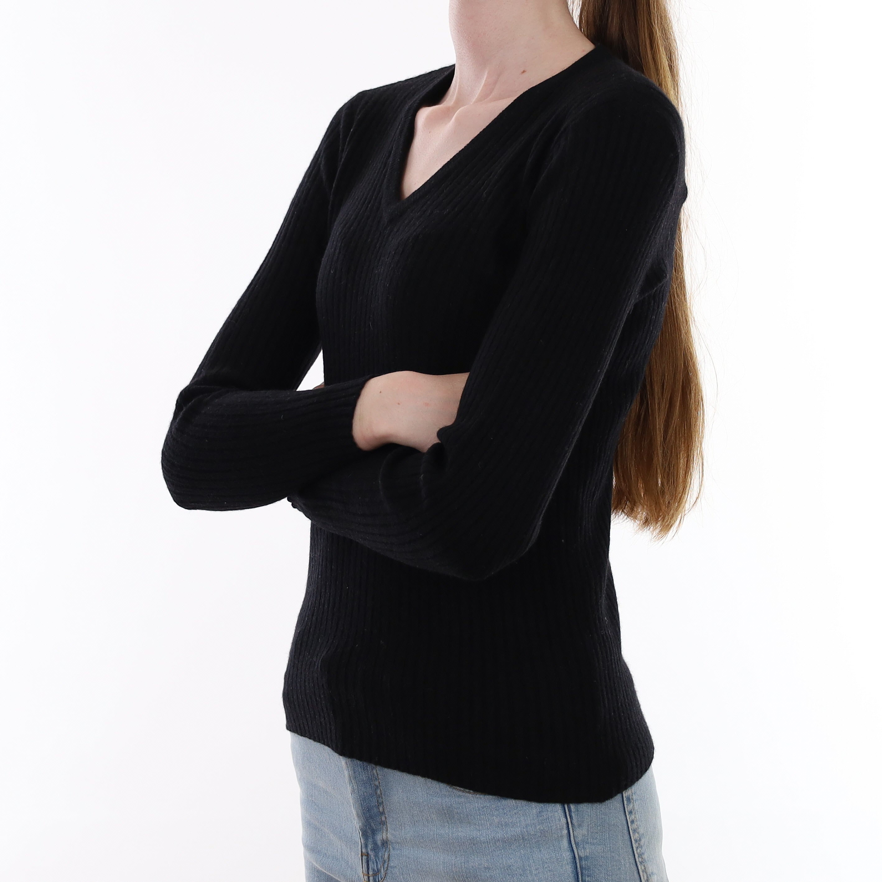 Vintage Pringle Black Rib Cashmere V Neck Jumper Extra Small