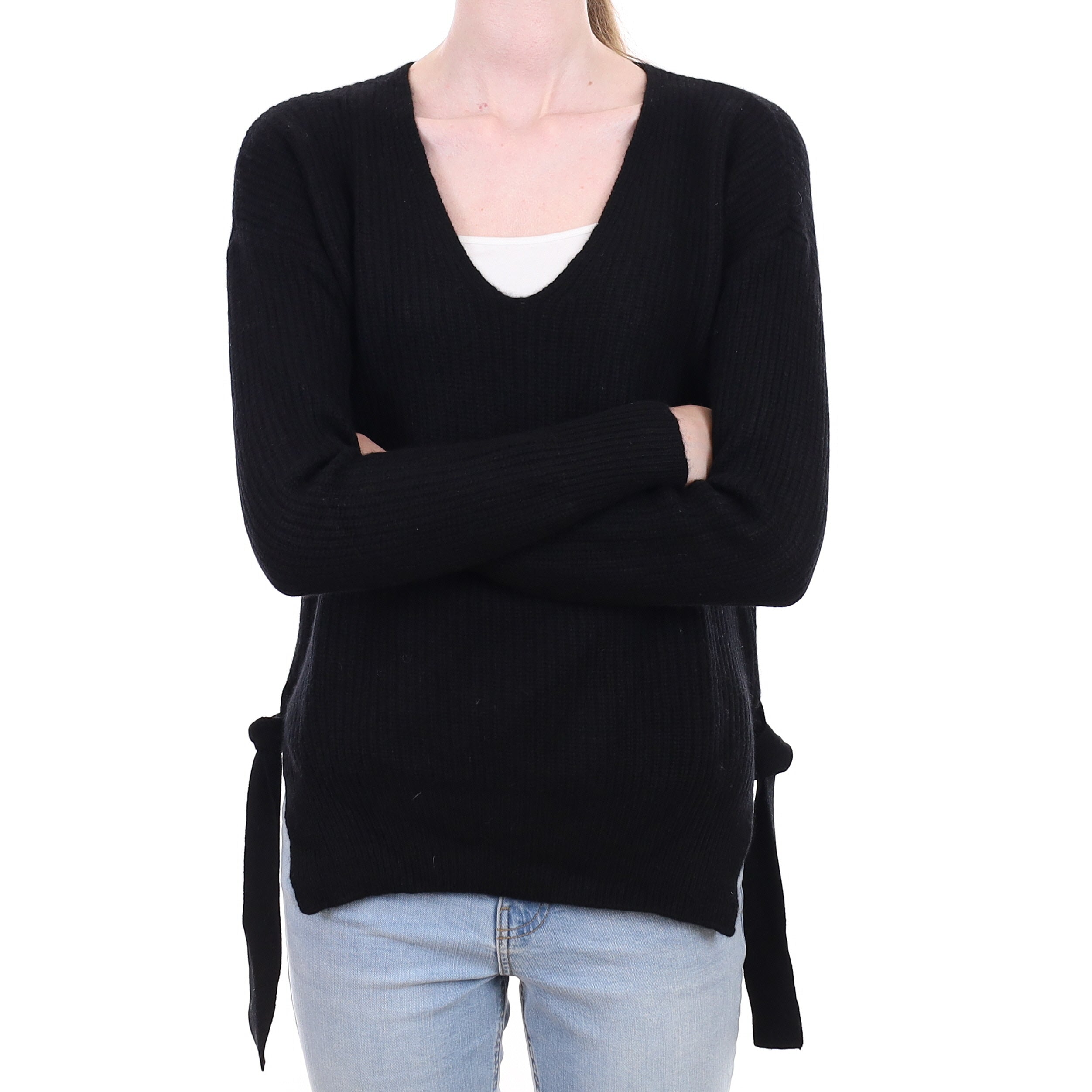 Black Chunky Rib Cashmere Tie Detail V Neck Jumper Extra Small