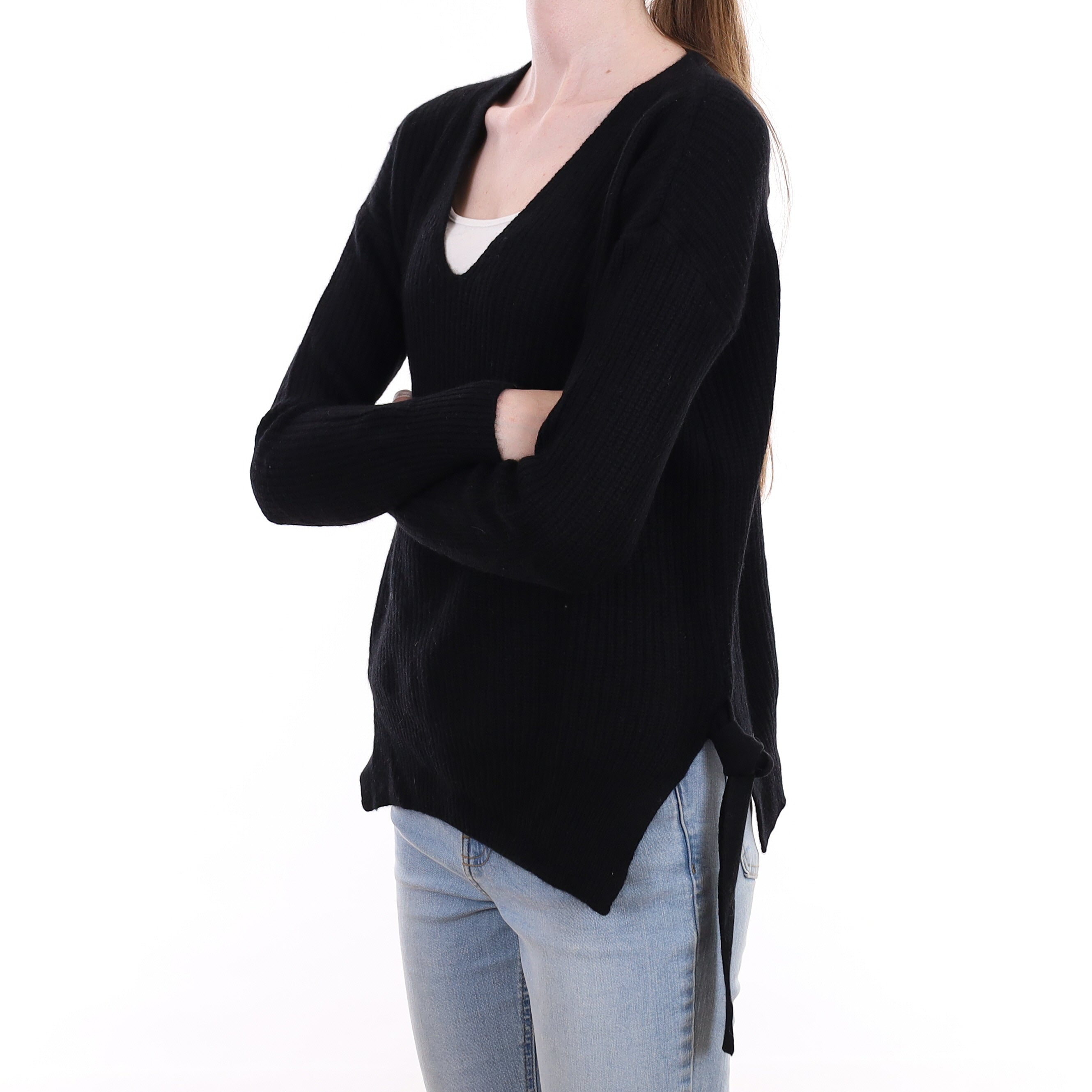 Black Chunky Rib Cashmere Tie Detail V Neck Jumper Extra Small