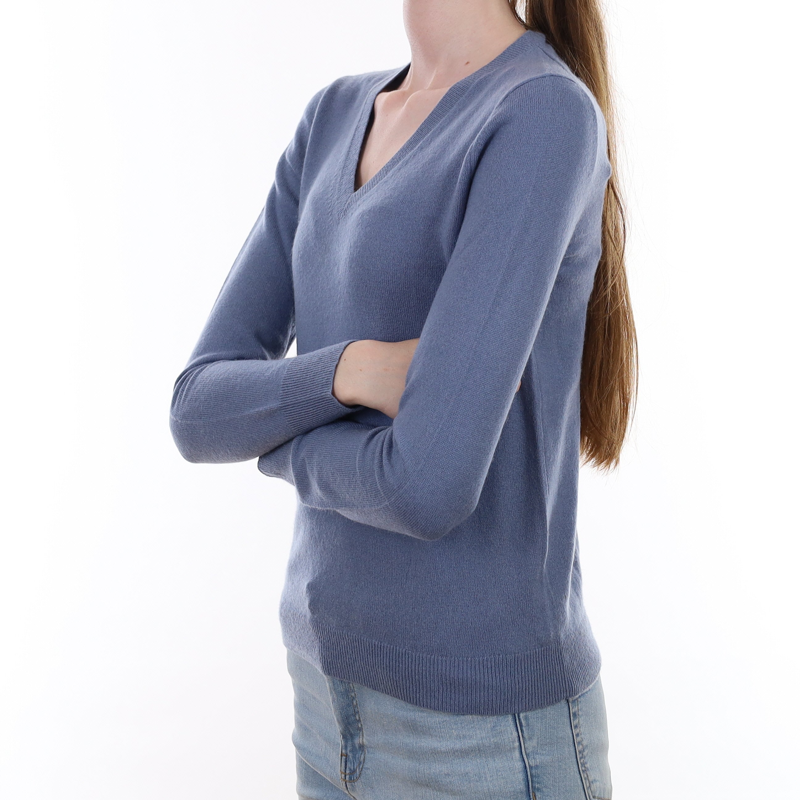Dusky Blue Cashmere V Neck Jumper Extra Small