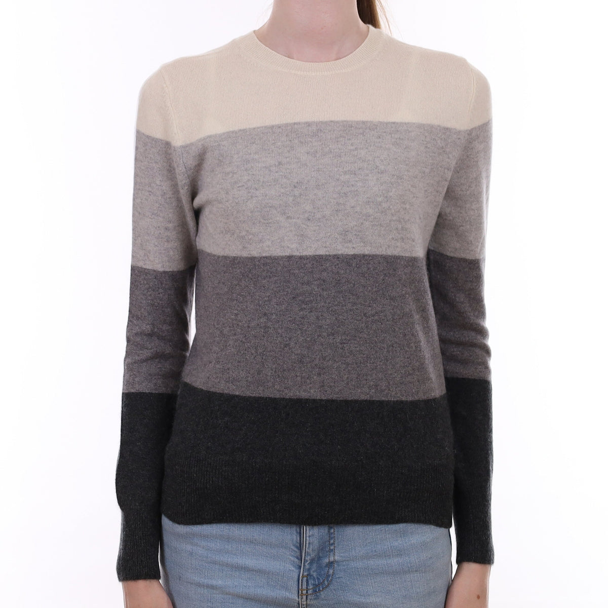 Grey Stripe Cashmere Crew Neck Jumper Extra Small