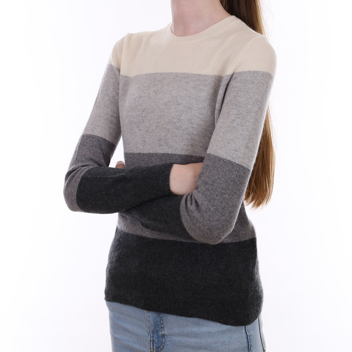 Grey Stripe Cashmere Crew Neck Jumper Extra Small