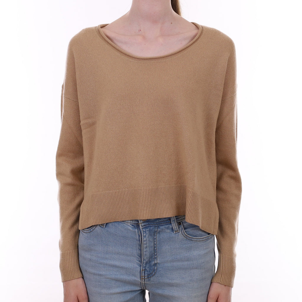Camel Brown Cashmere Boxy Scoop Neck Jumper Extra Small